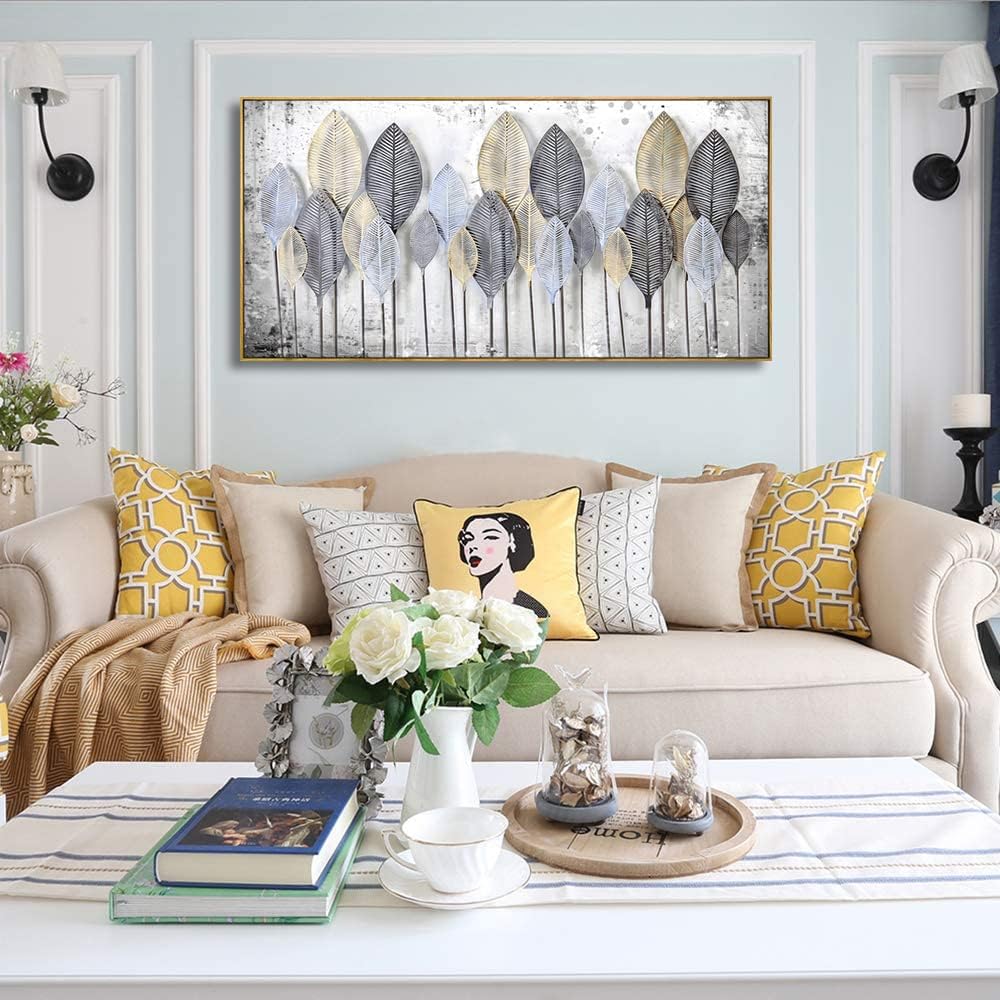 Wall Art Light modern Abstract Canvas wall art Black and white leaves (30&#x22;x60&#x22; with Framed)