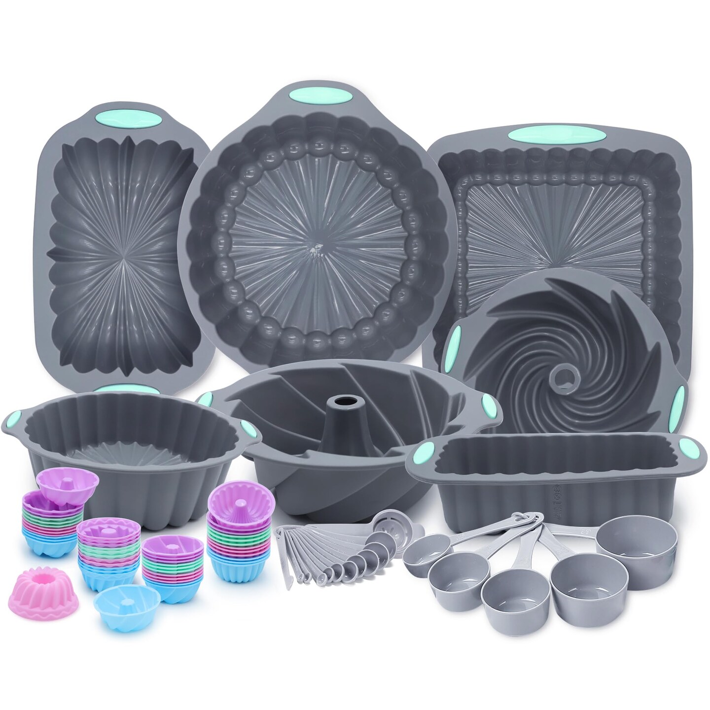 72 Pieces Silicone Bakeware Set, Nonstick Baking Pans Set, Easy Release Oven Silicone Pan for Kitchen with Cake Pans, Loaf Pans, Baking Cups, Measuring Cups and Spoons Set, Grey