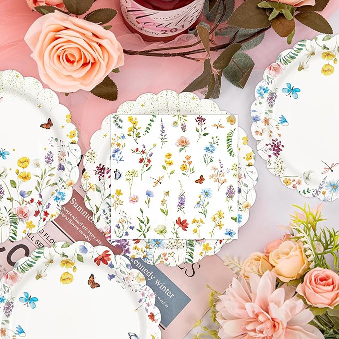 75PCS Wildflower Plates and Napkins Party Supplies,Disposable Scalloped Spring Floral Baby Shower Paper Plates Napkins Tableware Set for Birthday Wedding Tea Garden Party Decor Serves 25