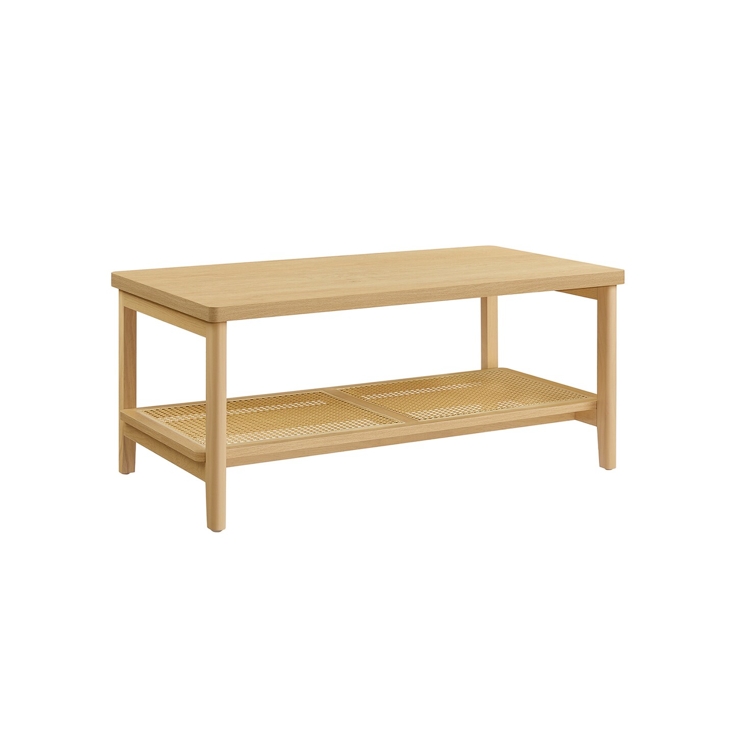 Boho Style Coffee Table with Rattan Shelf, Modern Center Table with MDF Top and Storage Shelf for Living Room Bedroom Office Use