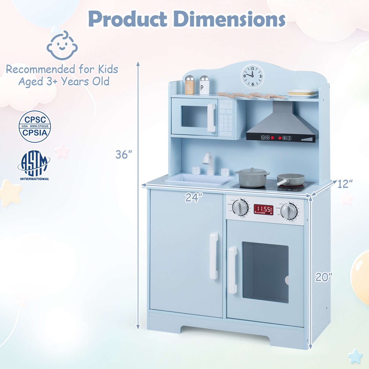 Wooden Play Kitchen for Kids with Sink, Oven, Microwave, Stovetop