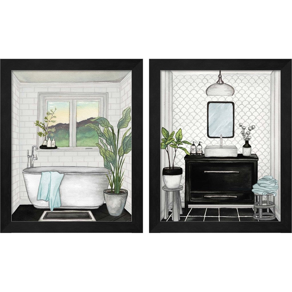 Modern Black and White Bath by Elizabeth Medley, 2 Piece Black Framed Art Set