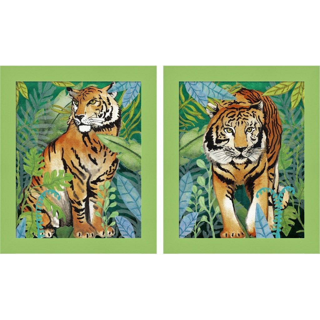Tiger in The Jungle by Elizabeth Medley, 2 Piece Green Framed Art Set
