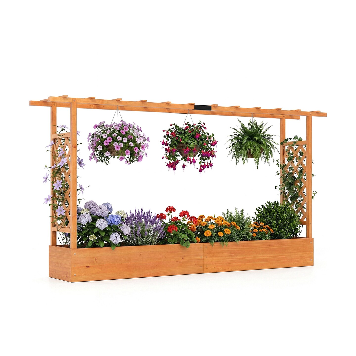 45" Wooden Elevated Garden Planter with Side Trellis, Roof and Drainage System