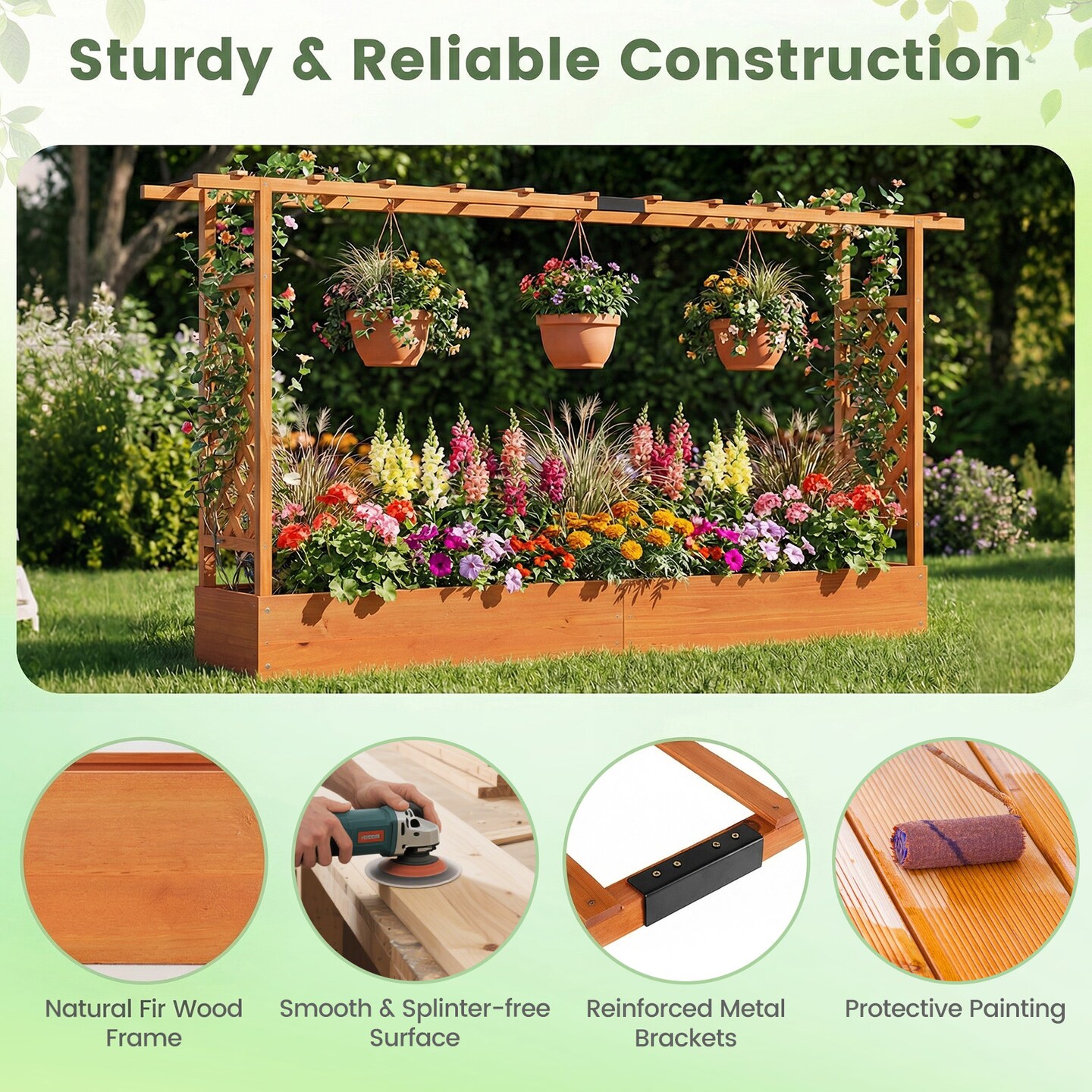 45" Wooden Elevated Garden Planter with Side Trellis, Roof and Drainage System