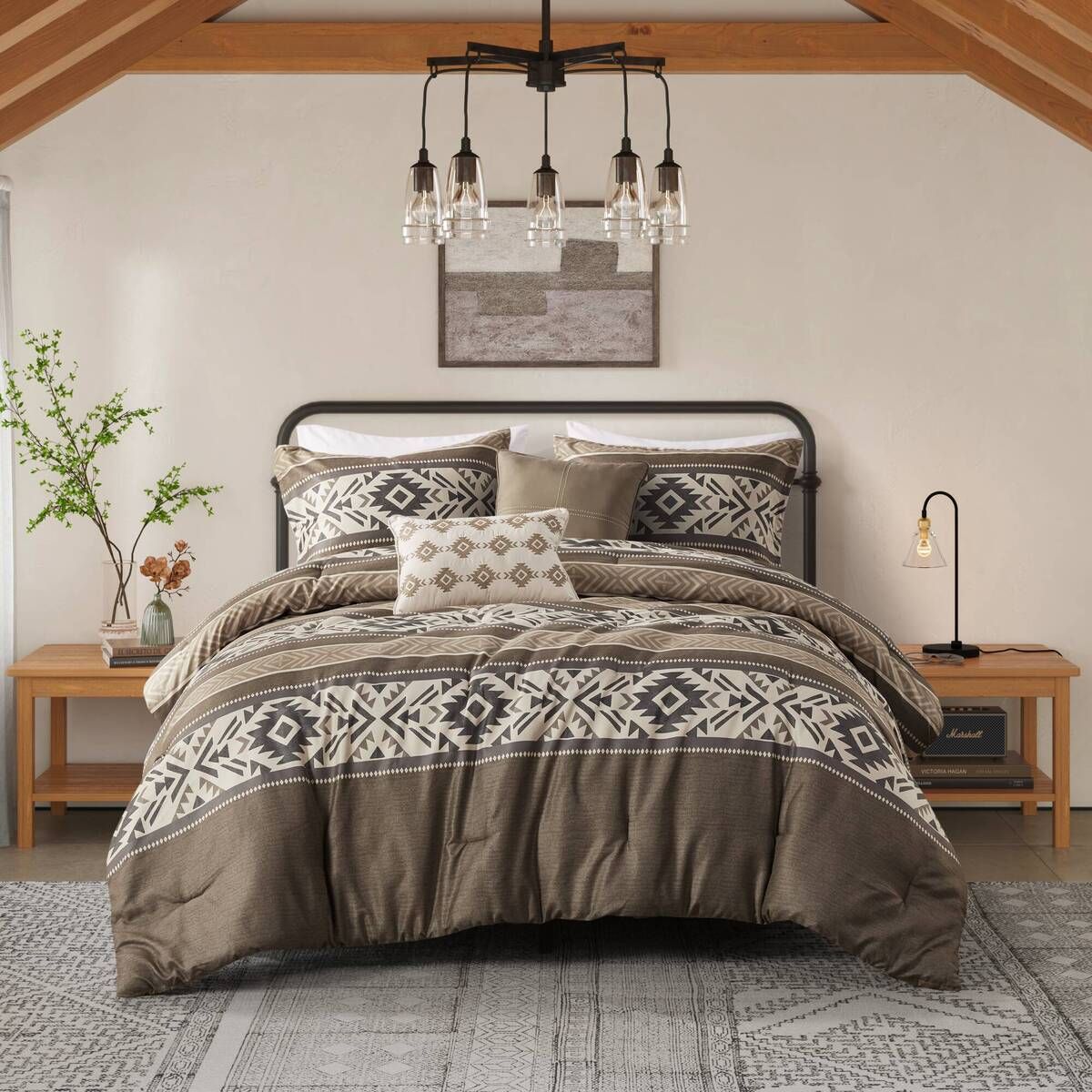 Stripe Herringbone Comforter Set Brown Tan Grey Black - 5 Piece