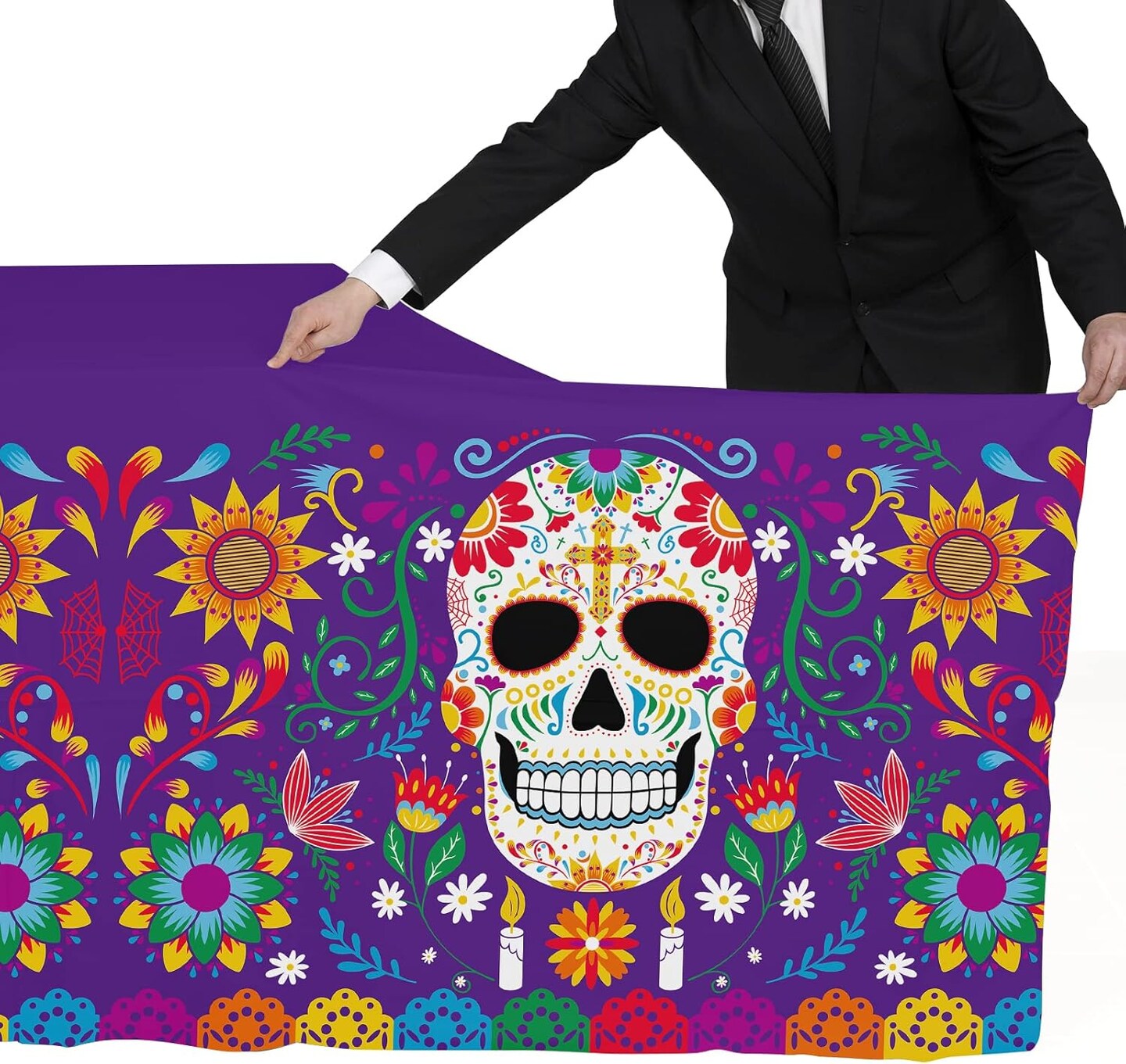Day of The Dead Sugar Skull Tablecloth (Multi Color) 108&#x22;L x 54&#x22;W