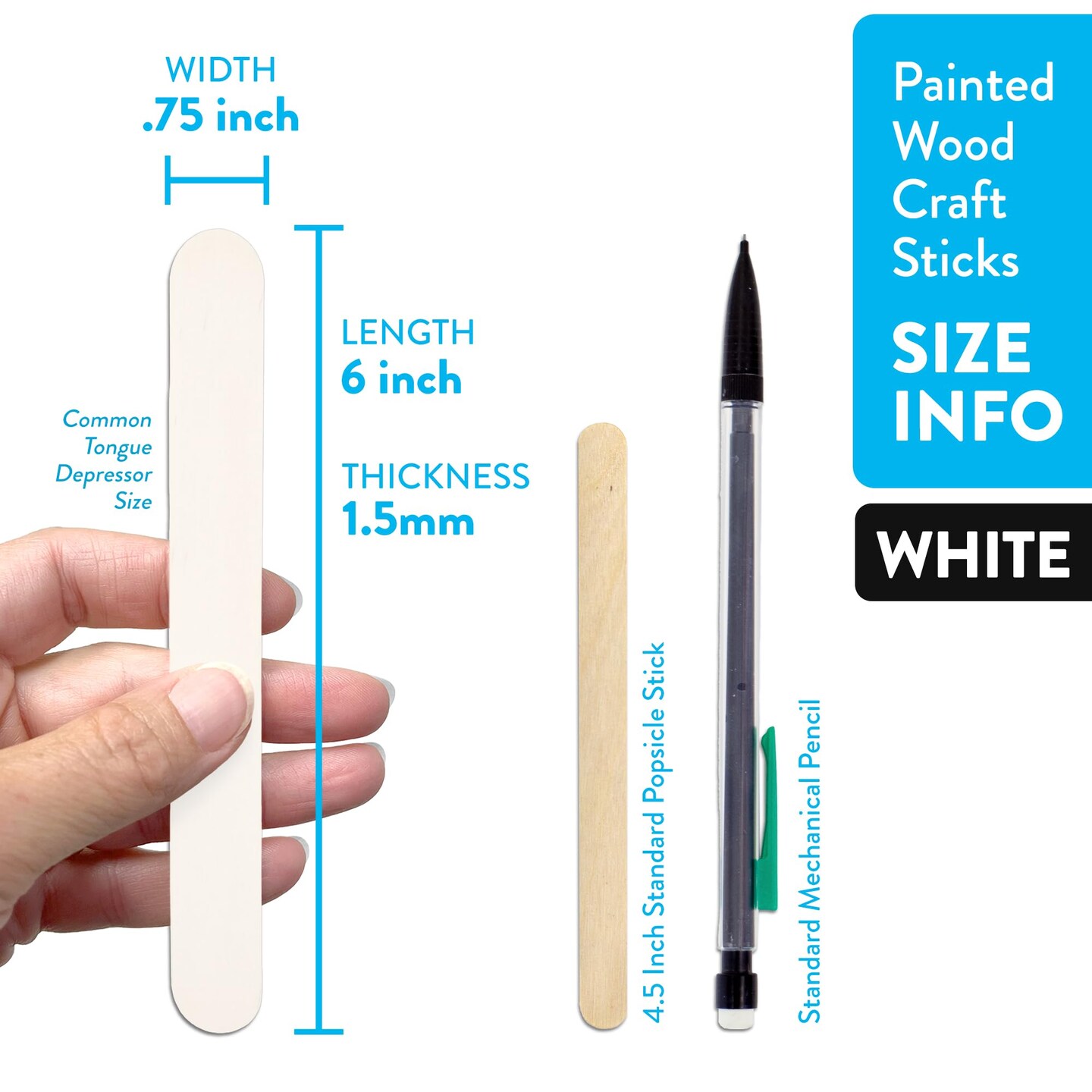 CraftySticks 50 Pack 6 Inch White Painted Wood Craft Sticks, Jumbo Popsicle Sticks for Crafts, Teacher STEM Basics