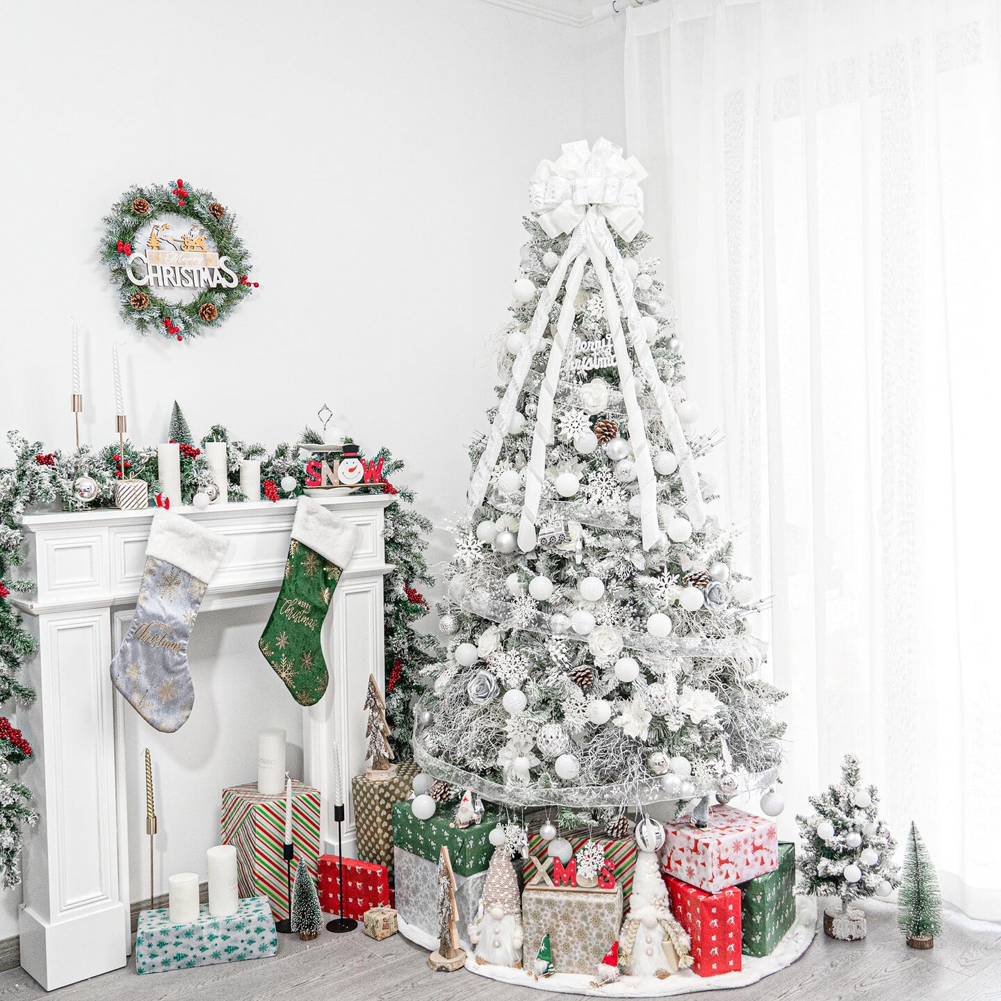 Hismir Christmas Tree Topper Bow&#xFF0C;53x13 Inches Large Christmas Bow with Glitter Streamer and Patterned Ribbon&#xFF0C;Decorative Bows for Xmas Tree Wreath Door Festival Home Decor(White)