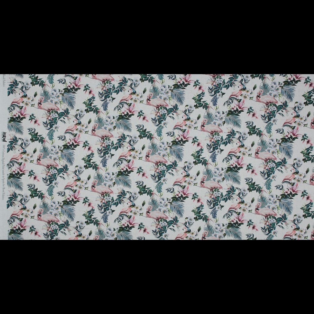 1 Yard White Flamingos and Leaves Cotton Voile Balance of Unity Print Semi Sheer Fabric