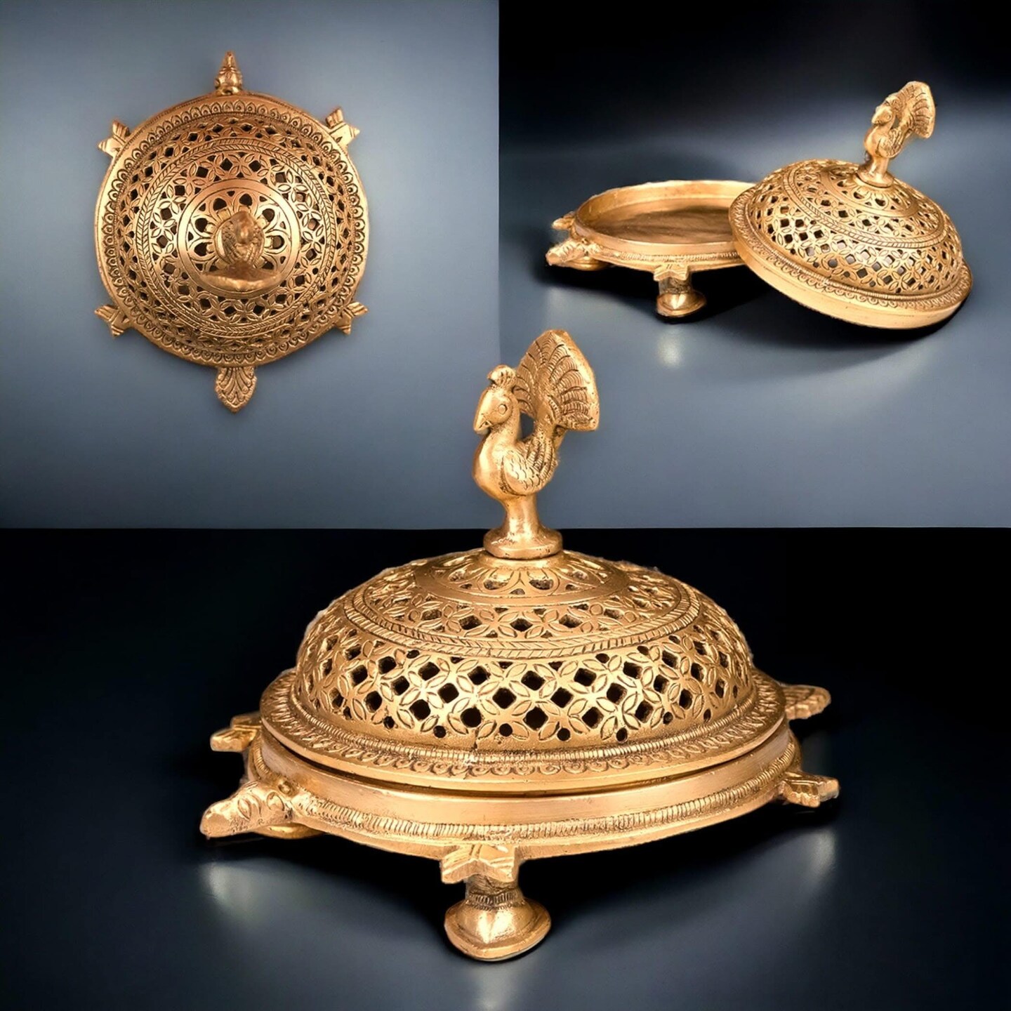 Brass Peacock Incense Dhoop Burner Aroma for Prayer Puja Meditation Spiritual Events Dhoopam for Havan Rituals - Diwali Decoration Loban Dhoop Dani for Temple Home Office (4.7x5.1 Inches)