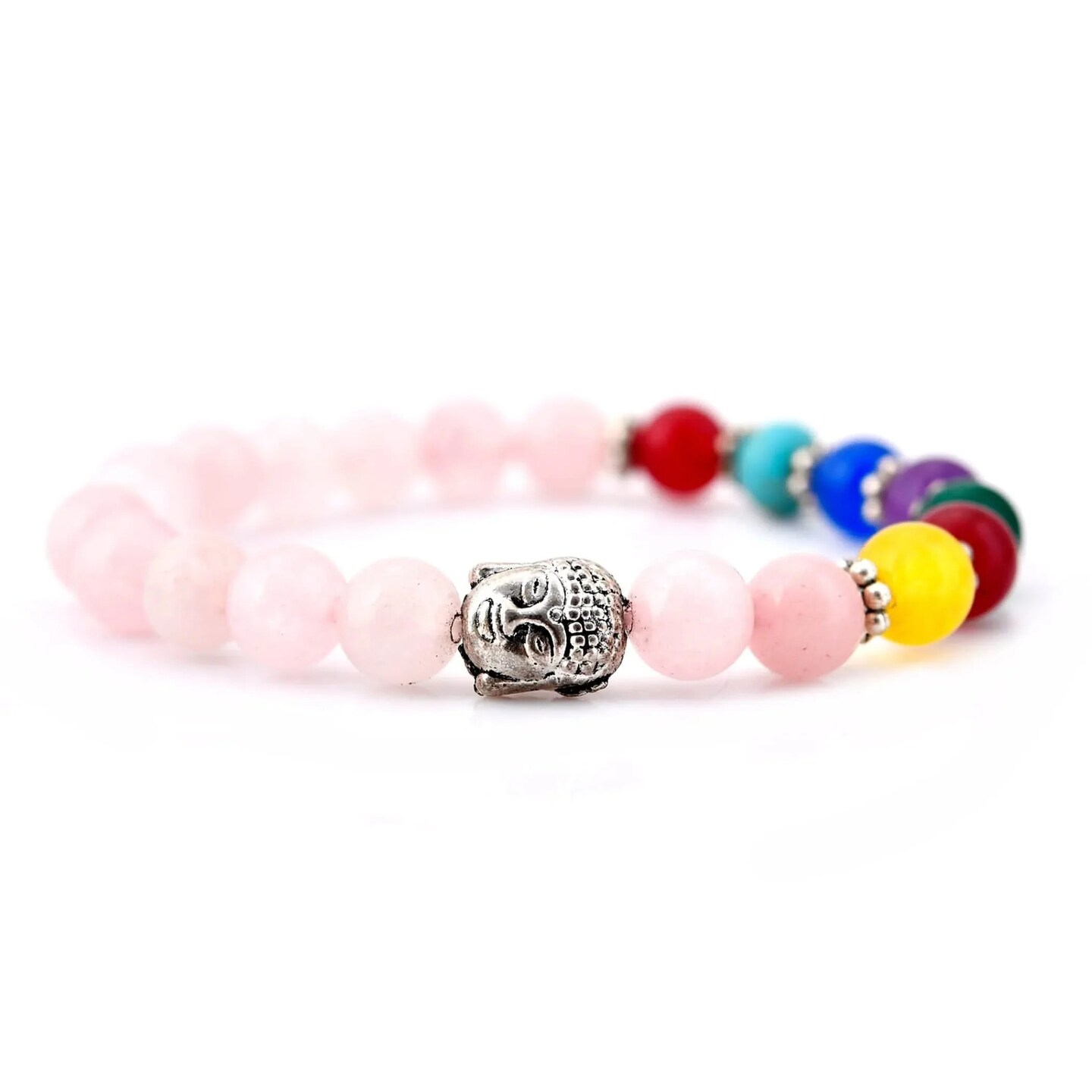 LOVENSPIRE 7 Chakra Rose Quartz Crystal Bracelet with Buddha Head Reiki Healing Gemstone Beaded Stretch Prayer Bracelet for Yoga Meditation Valentine's Day Jewelry Gift for Women Men