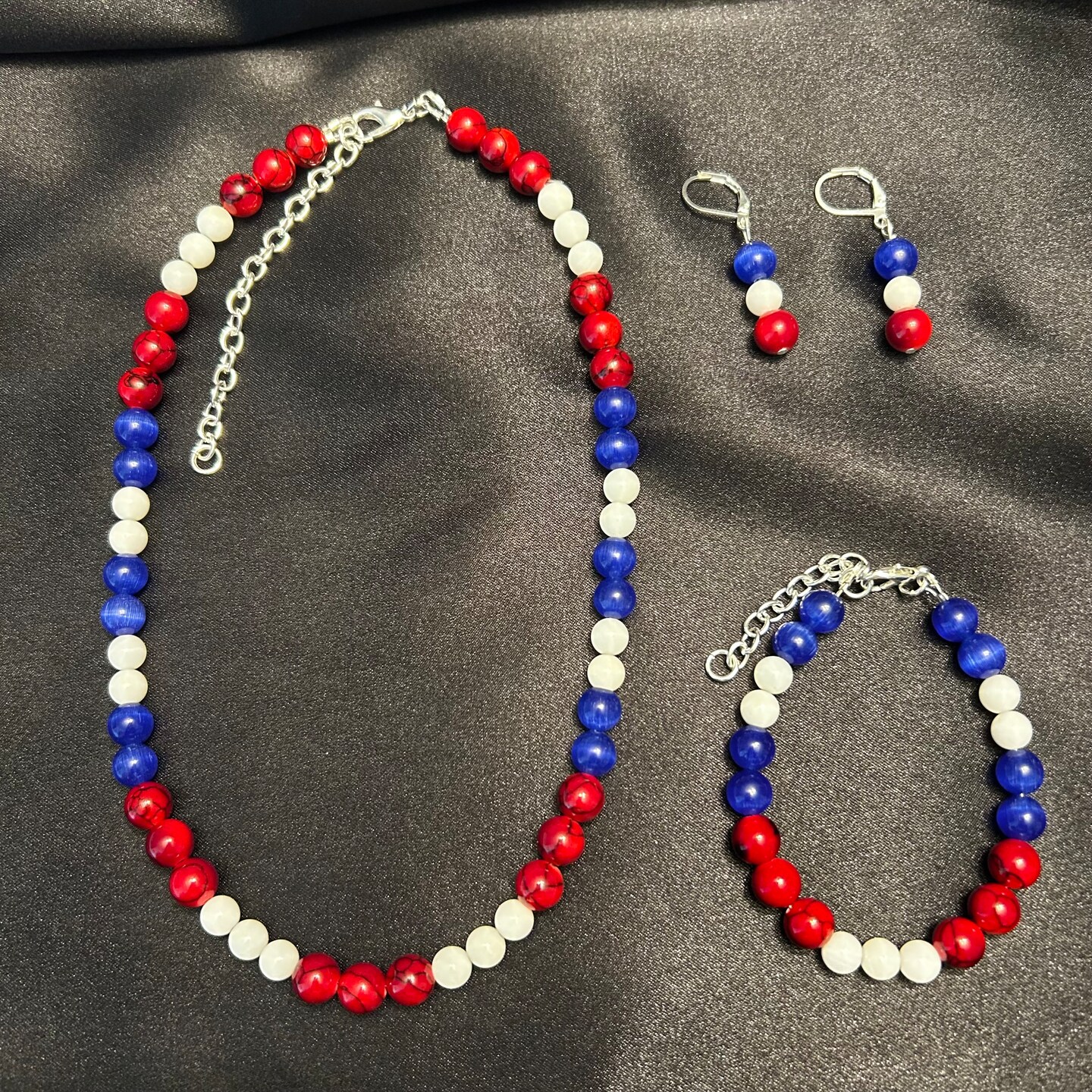 Red, White, and Blue Natural Stone and Shell Necklace, Bracelet