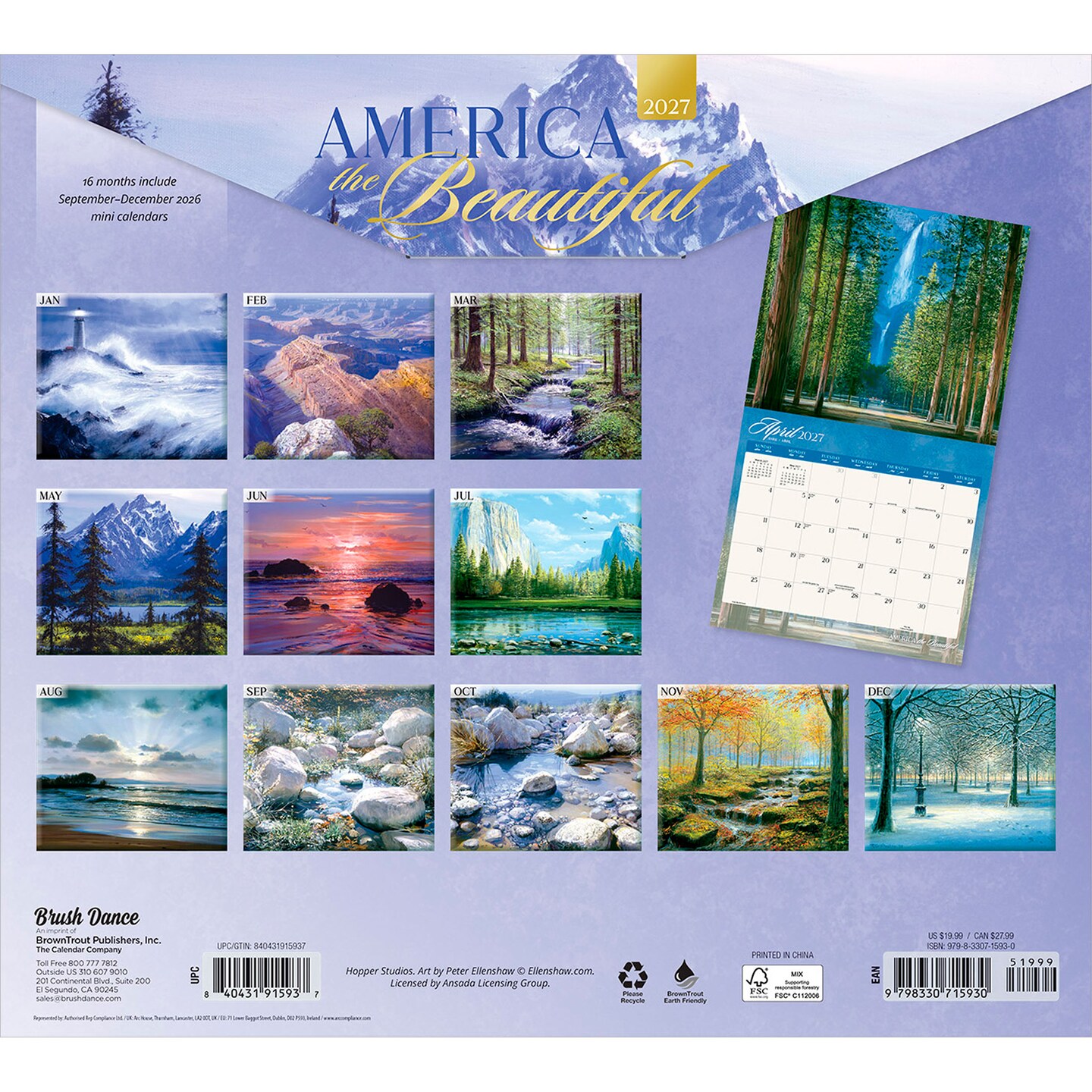Brush Dance; America the Beautiful | 2027 13.75 x 24 Inch (Hanging) Monthly Deluxe Wall Calendar | Featuring the Artwork of Peter Ellenshaw | Linen Envelope; Category:Wall Calendars; Image:3