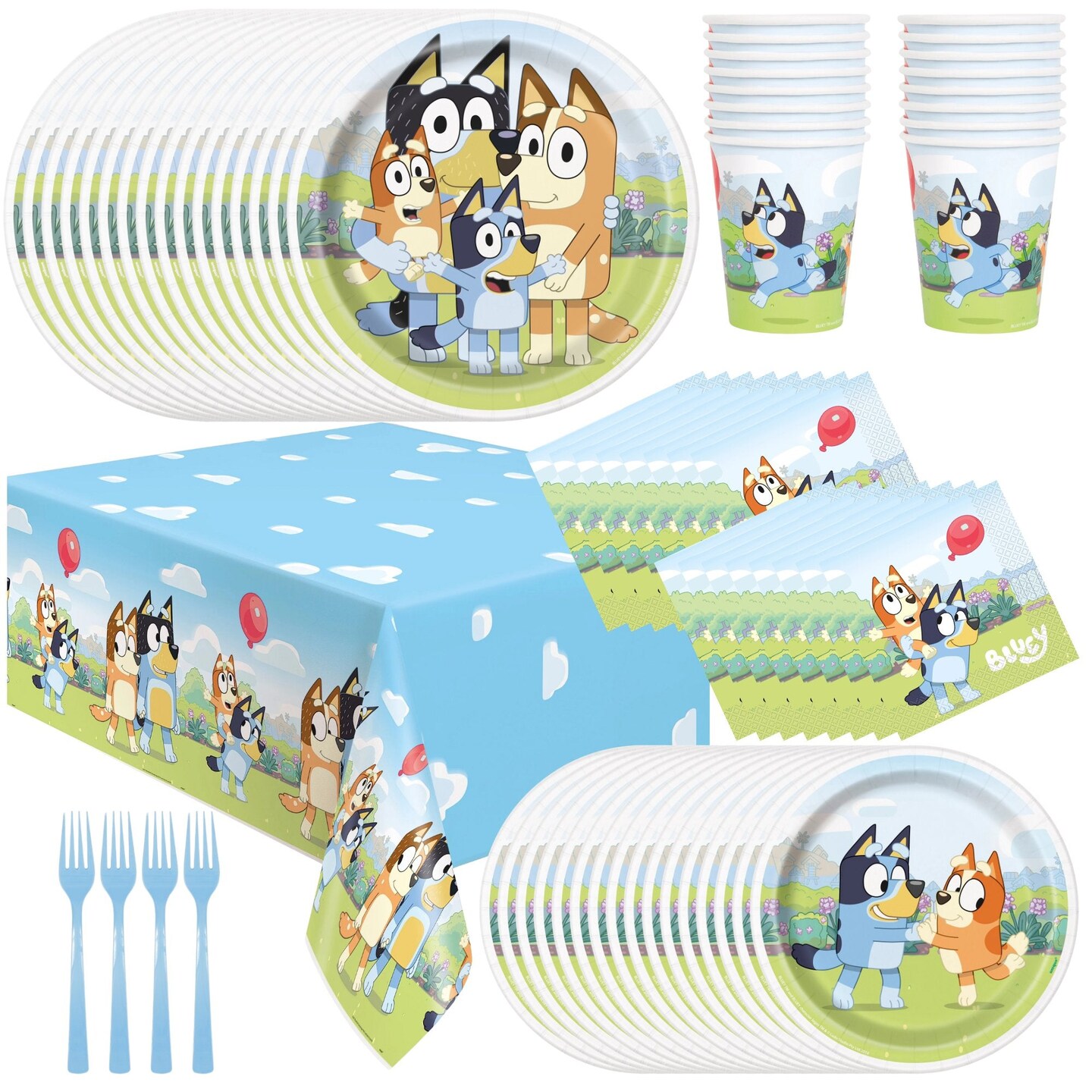 Bluey Birthday Party Supplies Bundle with Bluey Dinner Plates &#x26; Cake Plates, Bluey Napkins, Bluey Table Cover, Bluey Cups, and Forks - Serves 16