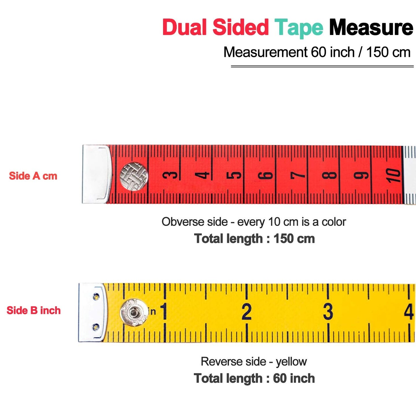 Tape Measure Measuring Tape for Body Fabric Sewing Tailor Cloth Knitting Home Craft Measurements,60-inch/150-cm Soft Multicolor Tape Measure Body Measuring Tape Set with Snap Button Closure,Dual Sided