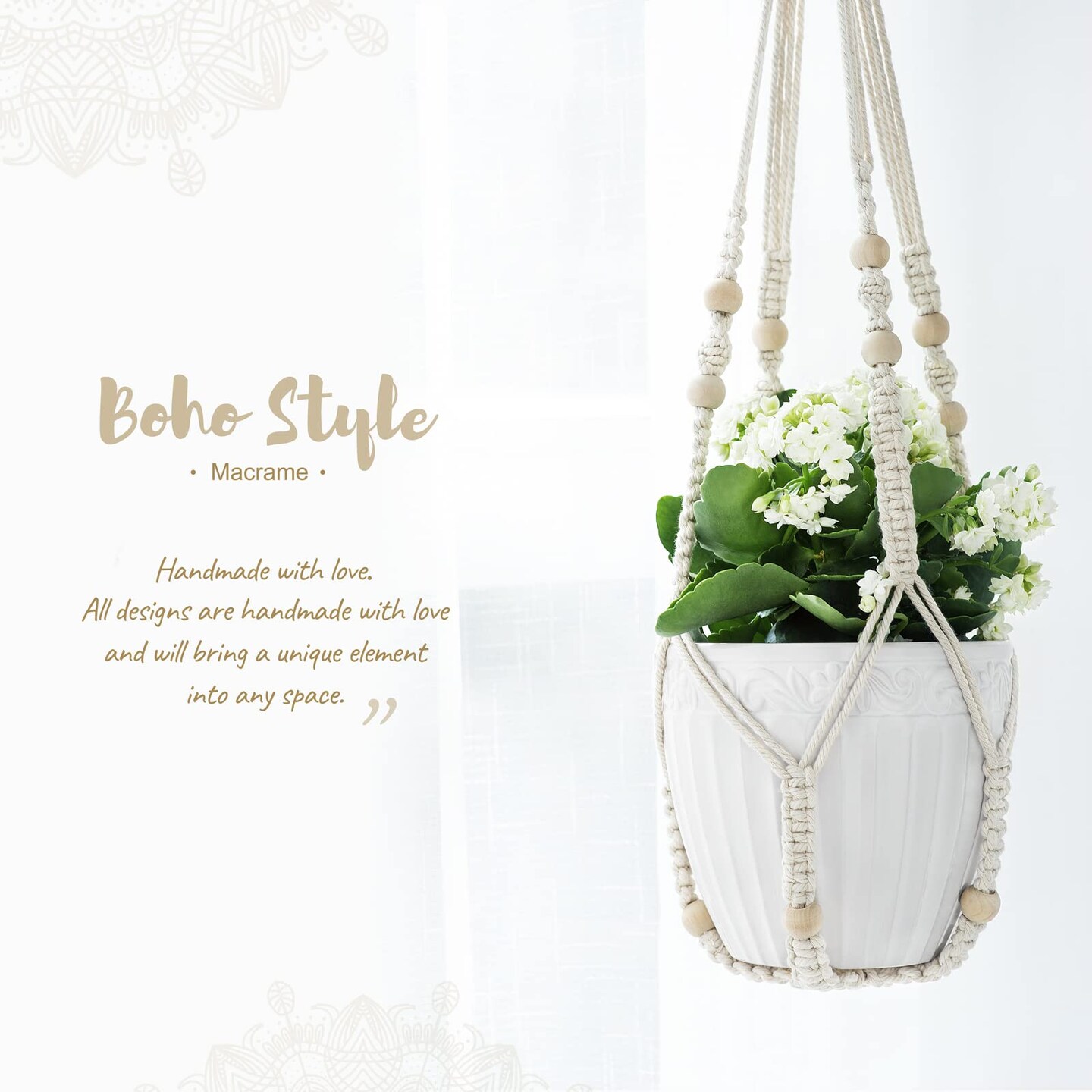 3 Pack Macrame Plant Hangers Indoor Different Size Hanging Planter Basket Flower Pot Holder with Beads No Tassels 35&#x22;/29&#x22;/23&#x22;, Medium, Ivory