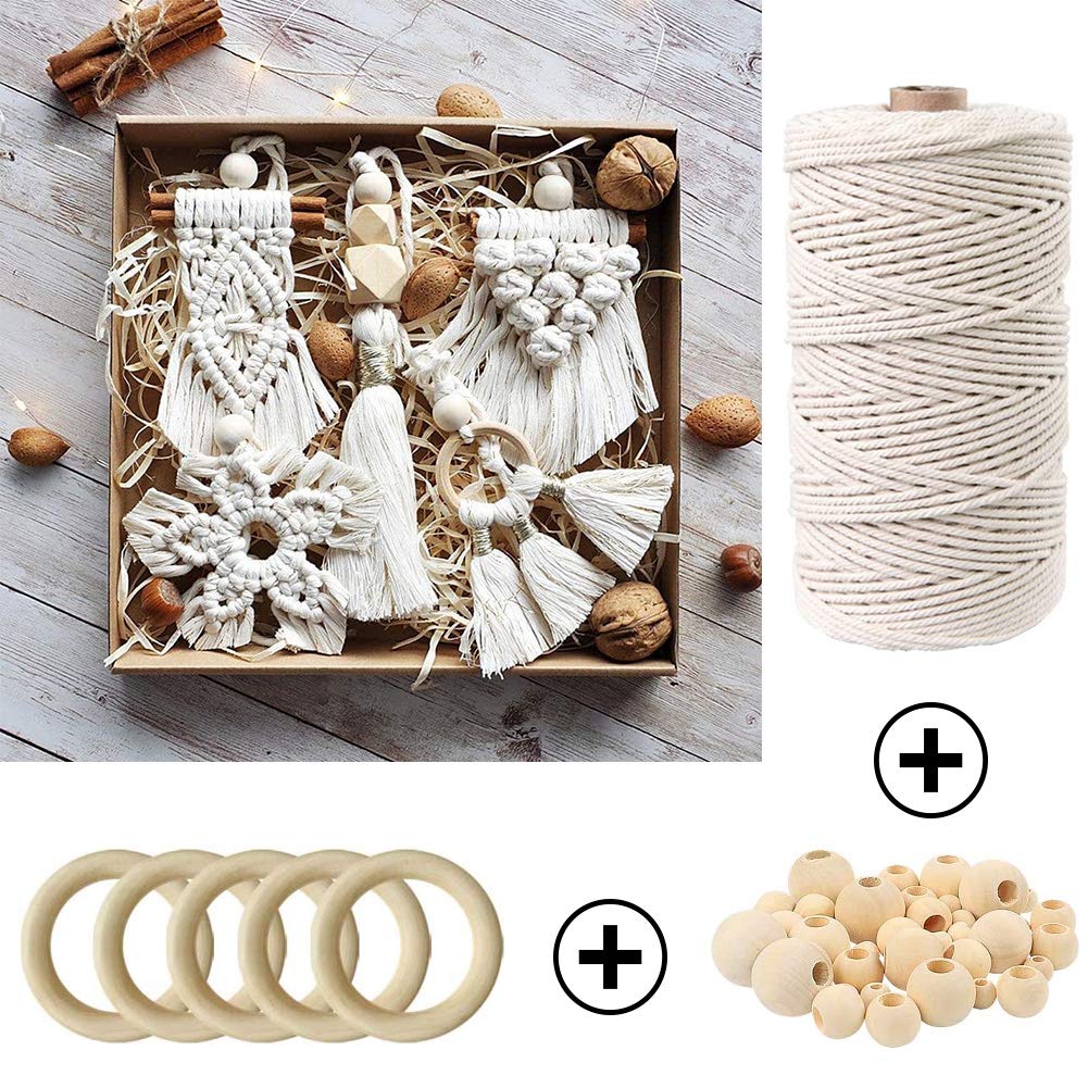 119pcs Macrame Kits for Starter 3mm x 109Yards Natural Cotton Macrame Cord with 100pcs Wooden Beads,10pcs Wooden Rings,Wooden Sticks,Metal Rings,S Hooks Macrame Supplies for Plant Hangers