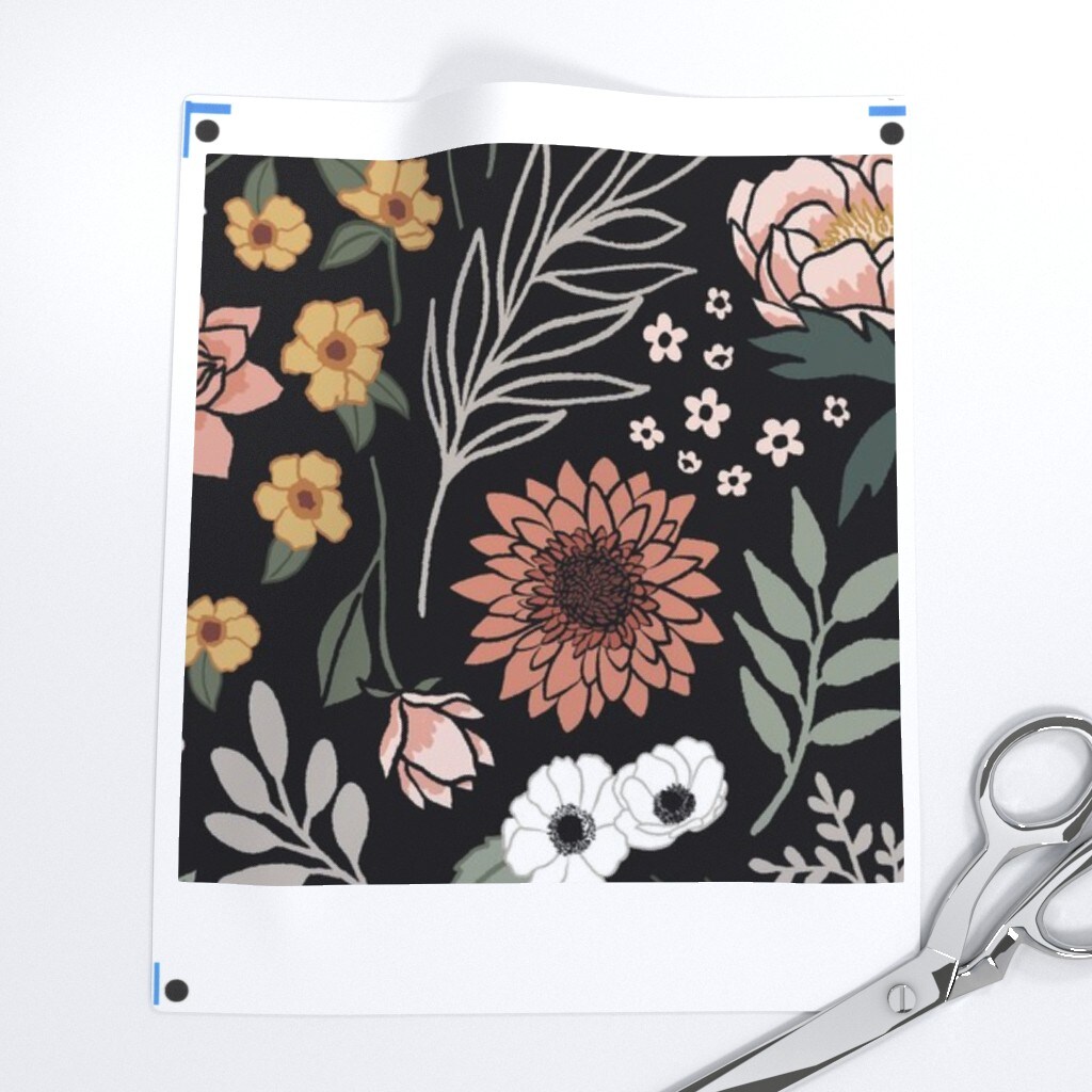 Dark Boho Floral Mustard Bohemian Sage Green Botanical Dusty Rose Earthtone Earthy Colors Autumn On Black Custom Printed Fabric by Spoonflower Various Fabrics by the Yard or Fat Quarter