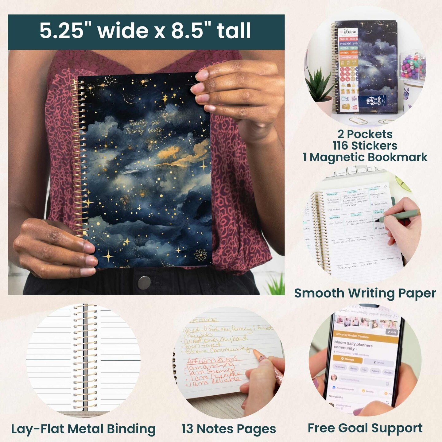 bloom daily planners 2026-2027 Academic Planner, 13 Month Soft Cover Monthly & Weekly, 5.5" x 8.25", Stickers Included, Midnight Sky