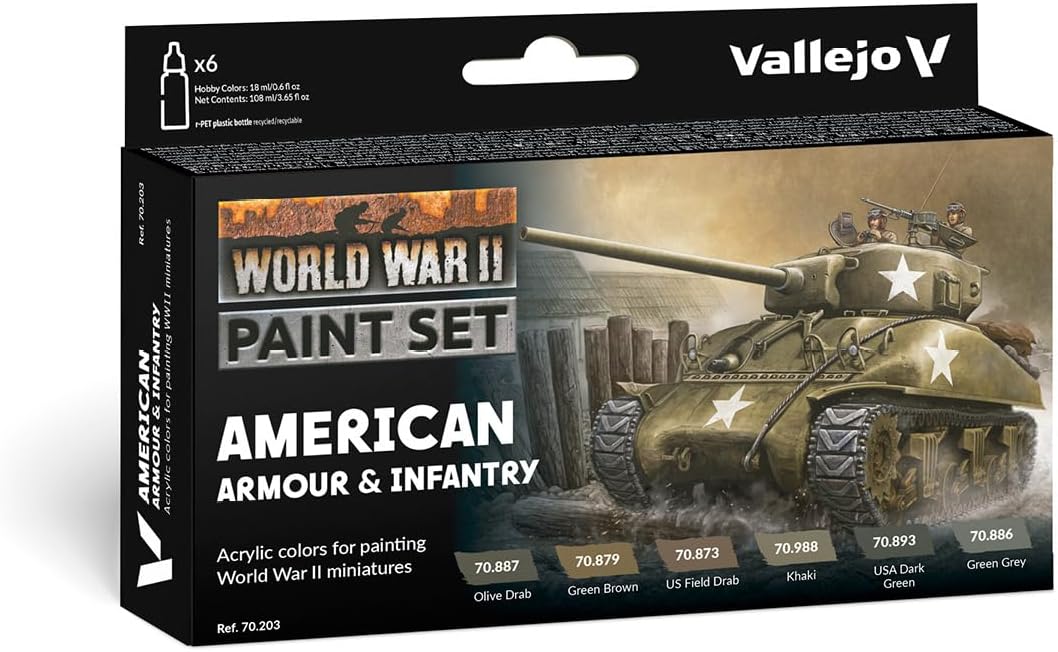 WWII American Armour &#x26; Infantry Model Color Paint Set( 6 bottles x 18 ml.0.6 fl.oz)