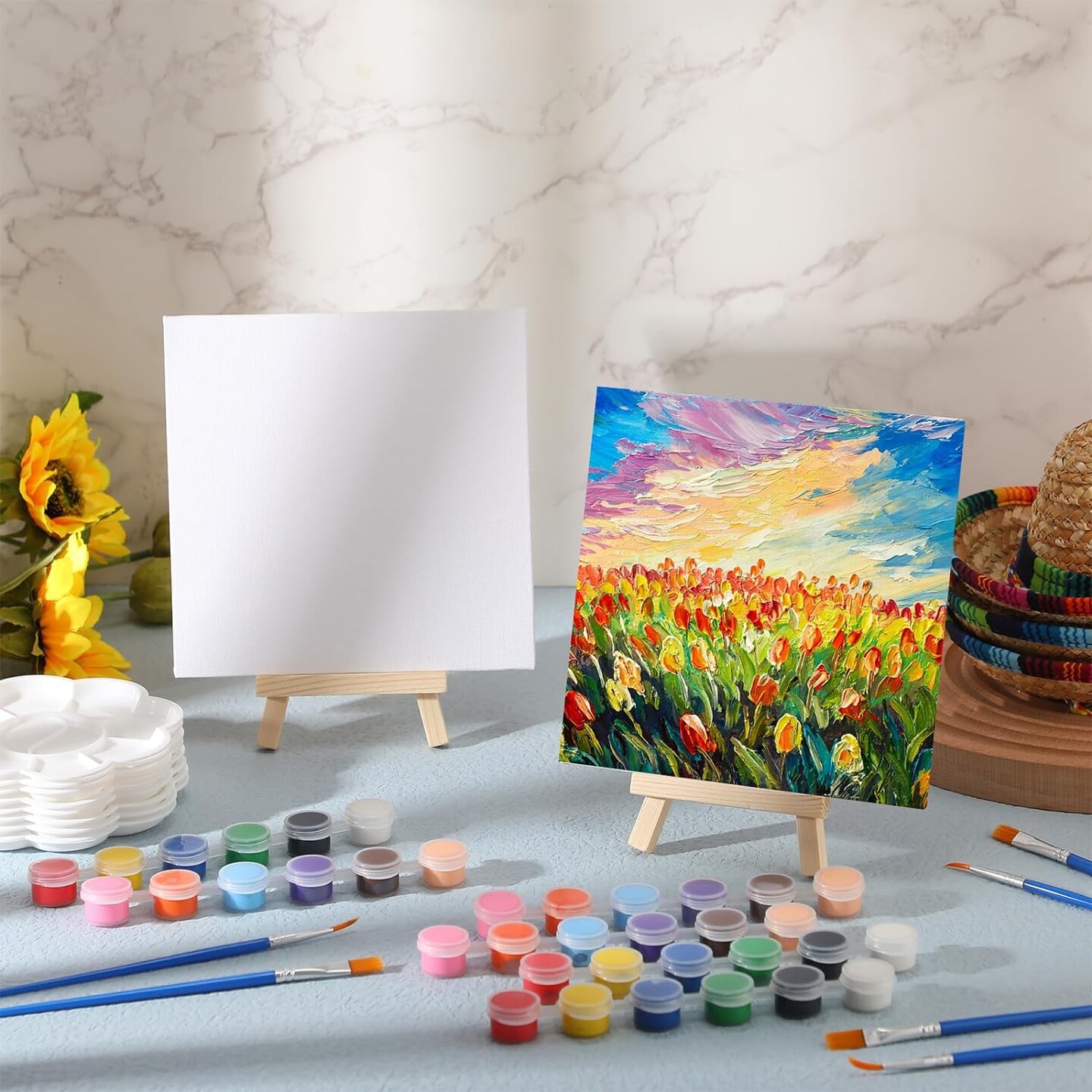 12 Set Acrylic Paint Kit Mini Stretched Canvas with Easel