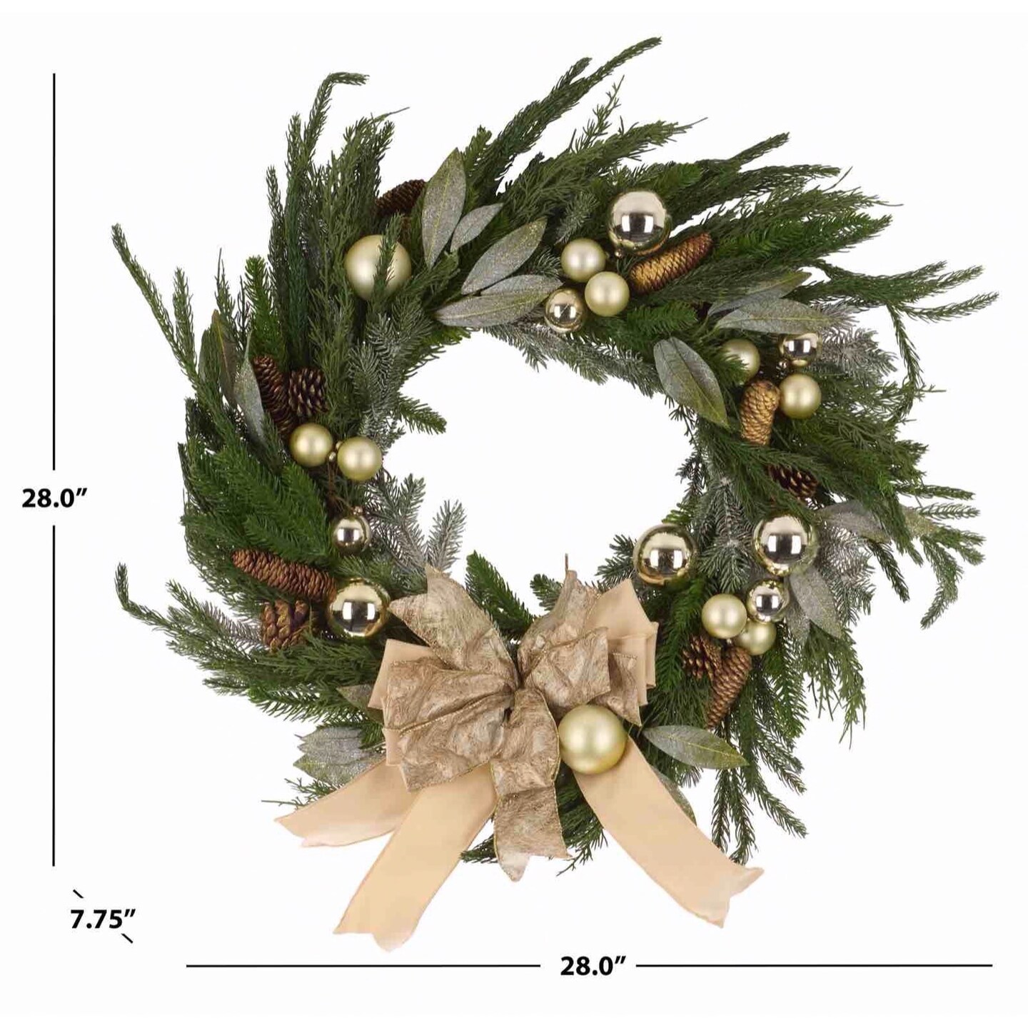 Faux 28 Inch Pine Needle Wreath W/Ornaments And Ribbon, Pine Cone