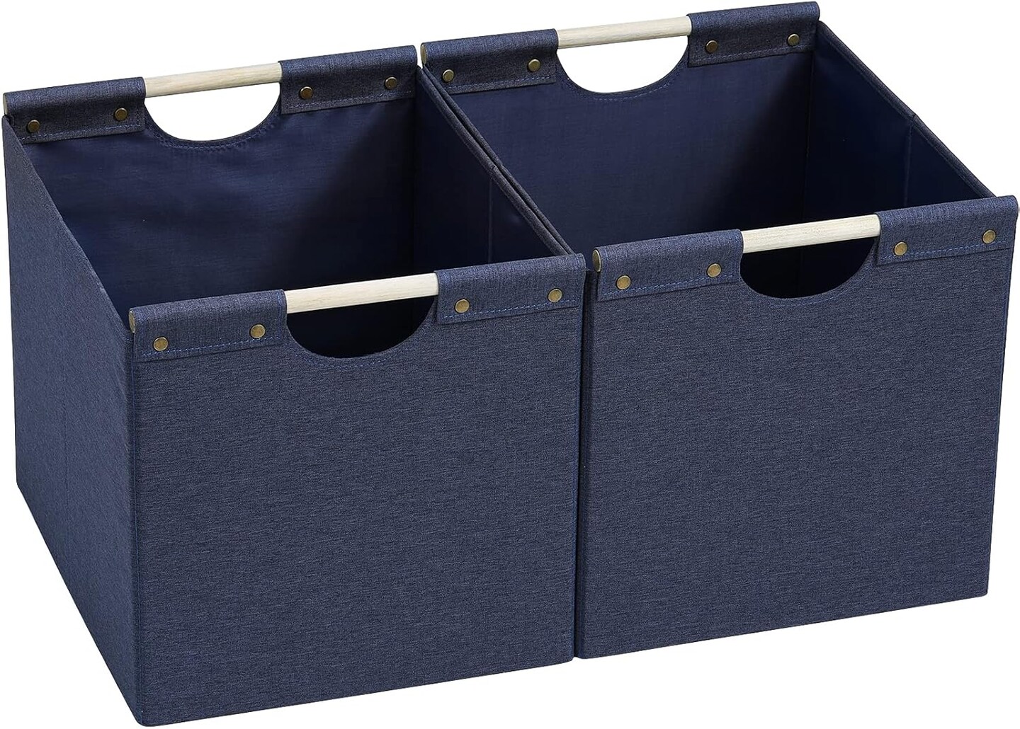 Large Foldable Storage Bins, Linen Fabric, Pack of 2, Storage Baskets with Wooden Carry Handles and Sturdy Heavy Cardboard