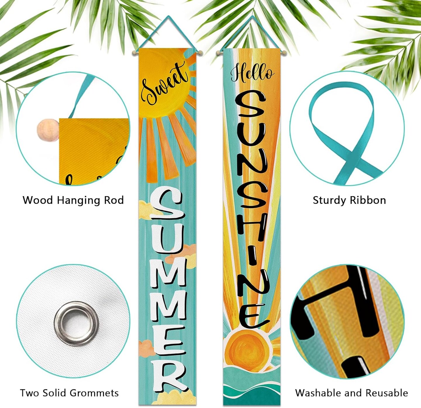 Sweet Summer Boho Sun Porch Banner Sign, Hello Sunshine Sunrise Cloud Bohemian Front Door Decorative Hanging Banner Flag, Yellow Teal Seasonal Decoration Home Outdoor Decor