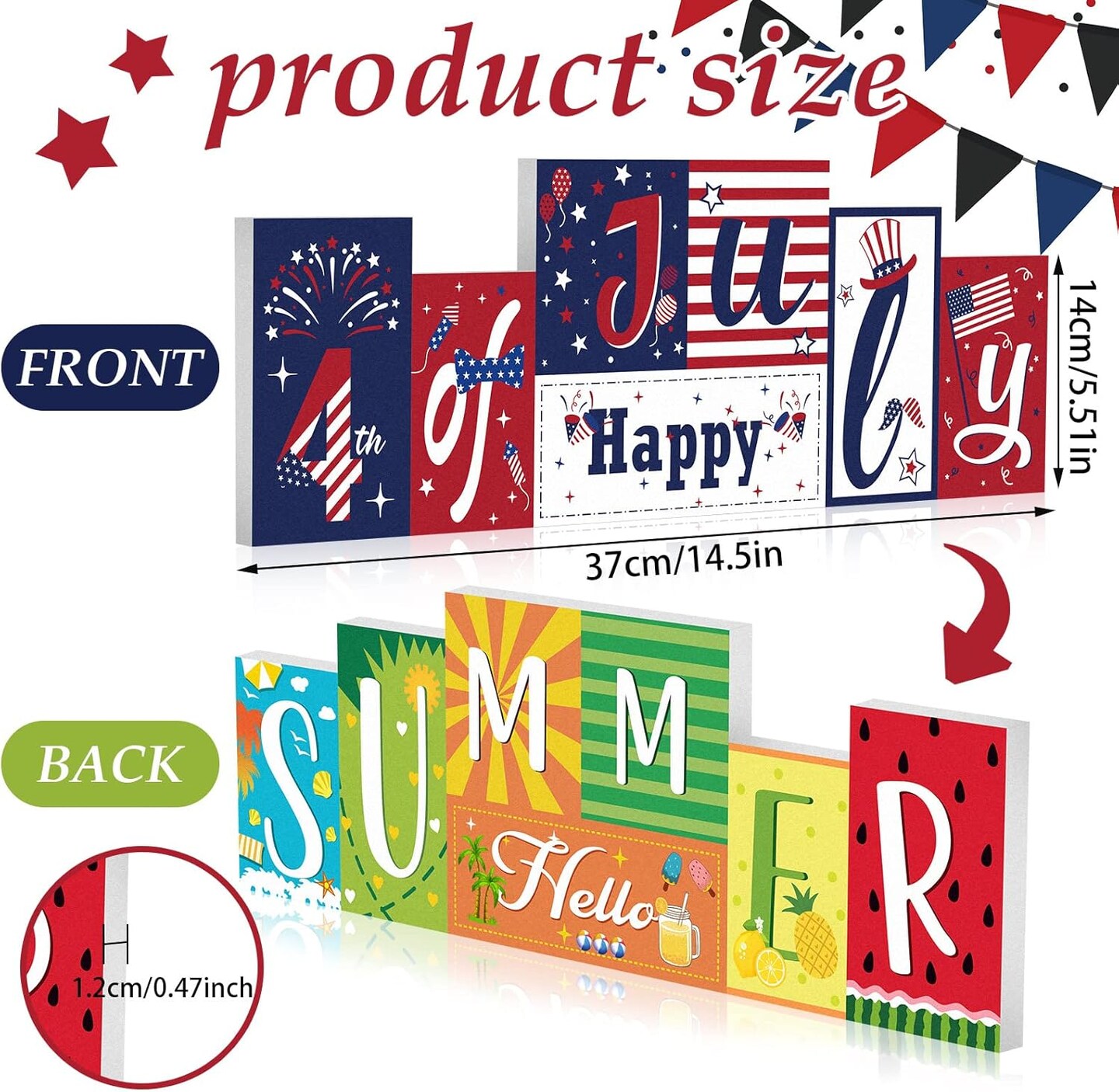 Summer Wooden Table Sign Double Sided Hello Summer and Happy 4th of July Tabletop Sign Hawaii Wood Block Memorial Day patriotic Tiered Tray Decor for Office Home indoor Shelf Centerpiece