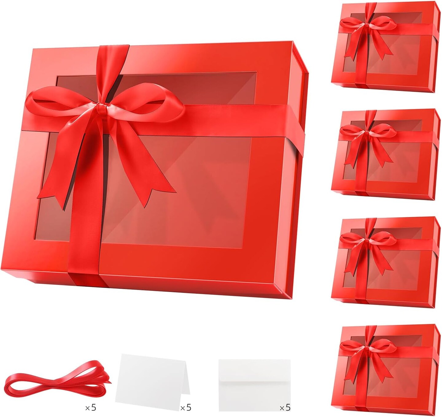5 Extra Large Red Christmas Gift Boxes with Window – 16.3 x 14.2 x 5 Inches Clear Gift Boxes for Presents, Includes Ribbon & Card, Magnetic Lid, Bridesmaid Proposal Boxes