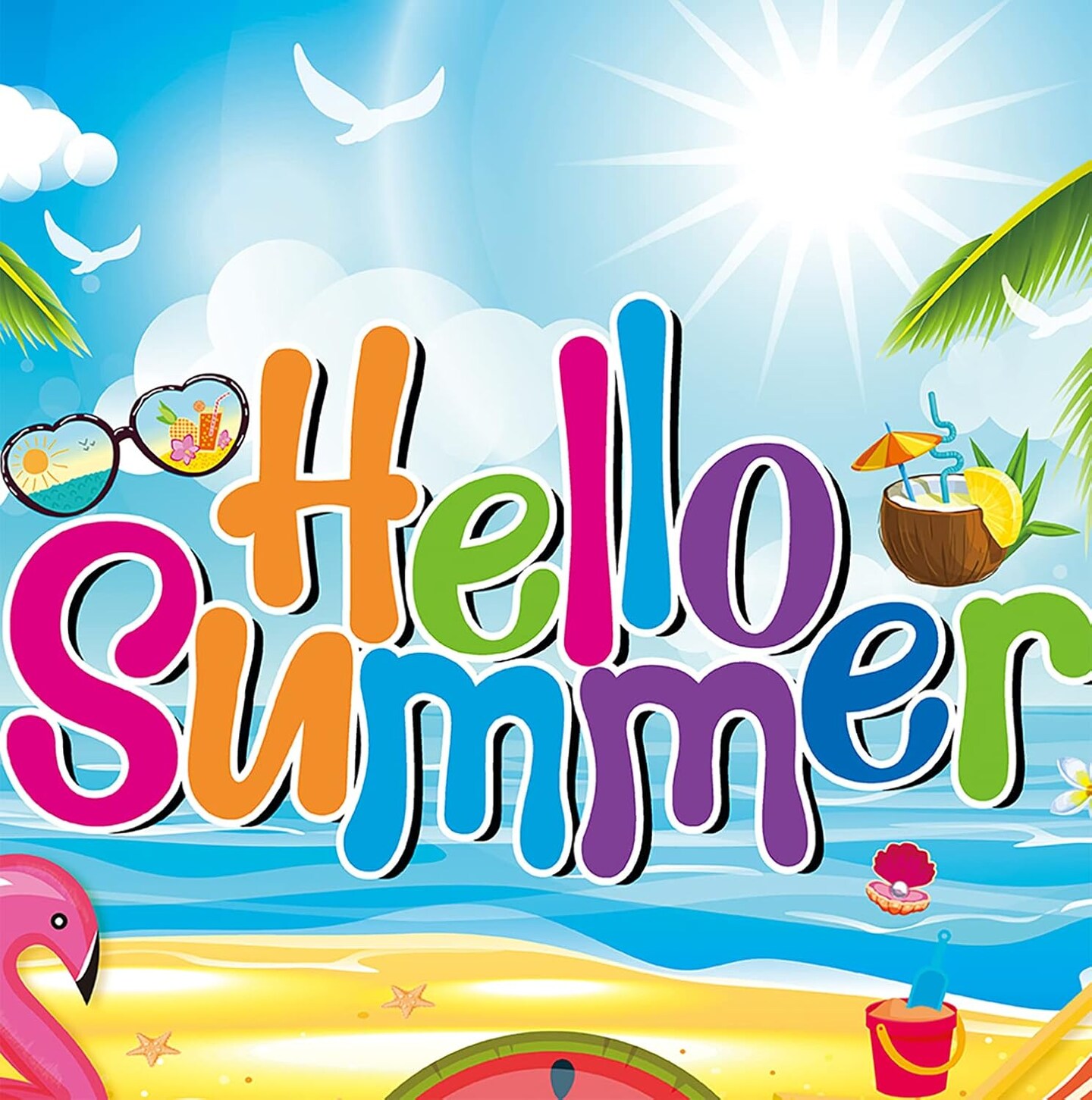 Backdrop Banner for Hello Summer 73 x 43 Inch Large Hawaiian Pool Beach Party Background Banner for Summer Tropical Party Decorations for Summer Holiday Indoor Outdoor Photo Booth Props