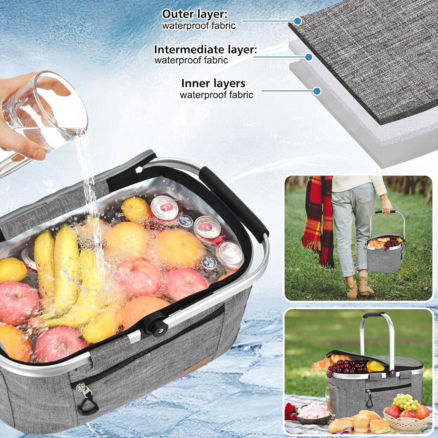 Insulated Cooler Bag Multipocket Collapsible Picnic Basket Leak-Proof Outdoor Basket for Camping Meal Delivery Shopping Travel Camping Beach Grocery Bag (Gray Medium)