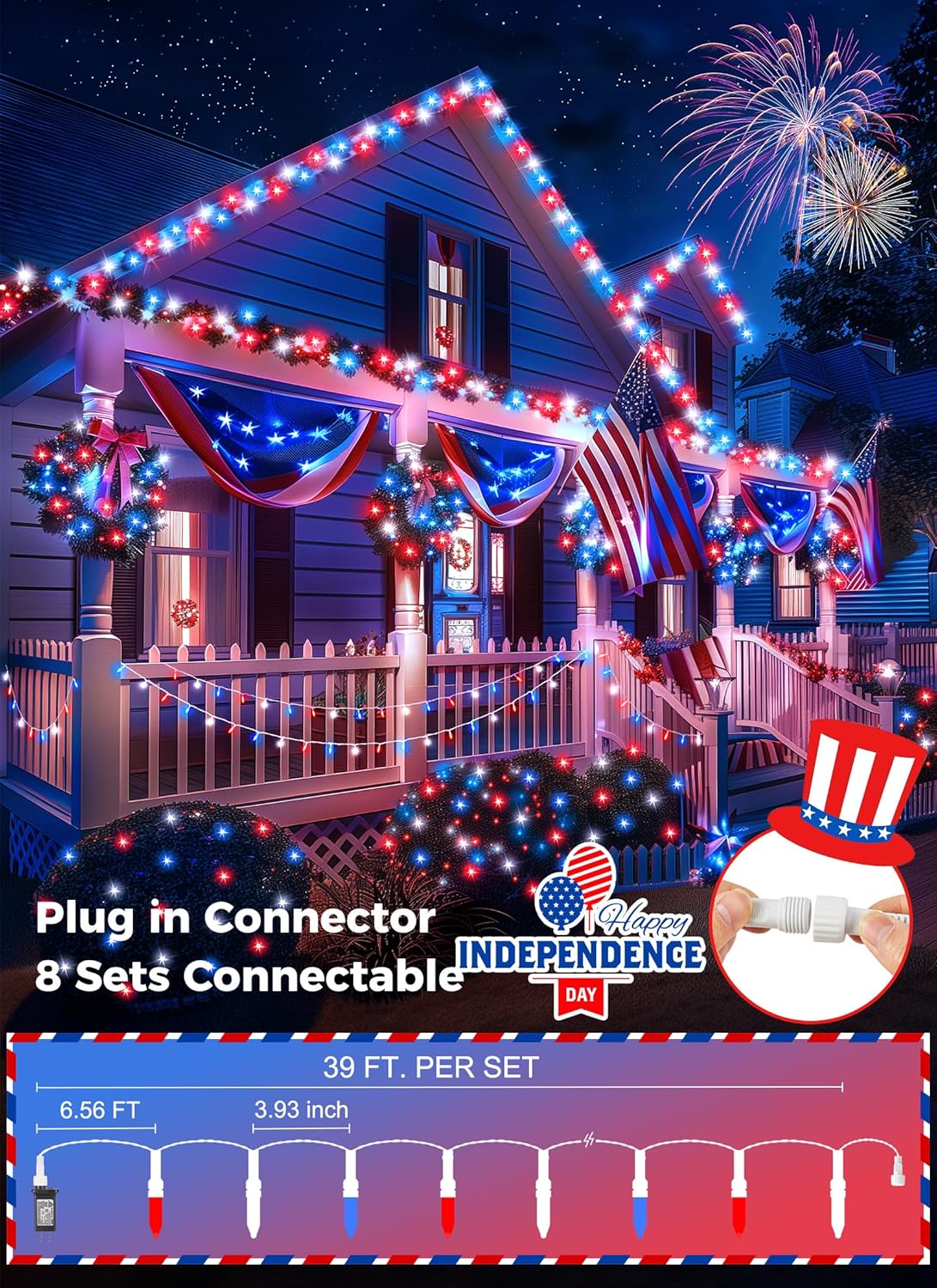 Red White Blue LED Mini Lights, 39Feet 100 LED 4th of July Decor String Lights with 8 Lighting Modes, Connectable Independence Day Lights for Wreath Indoor Outdoor Memorial Day Decoration, White Wire