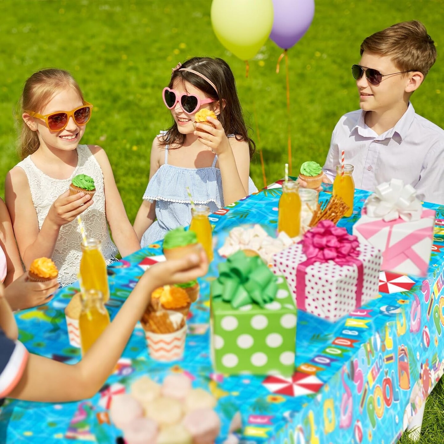 121 Pcs Goodbye School Hello Pool Party Tableware Set Includes 48 Pcs Plates 24 Pcs Napkins 24 Pcs Forks 24 Pcs Knives 1 Pcs Disposable Tablecloth for 24 Guests Pool Disposable Party Favors