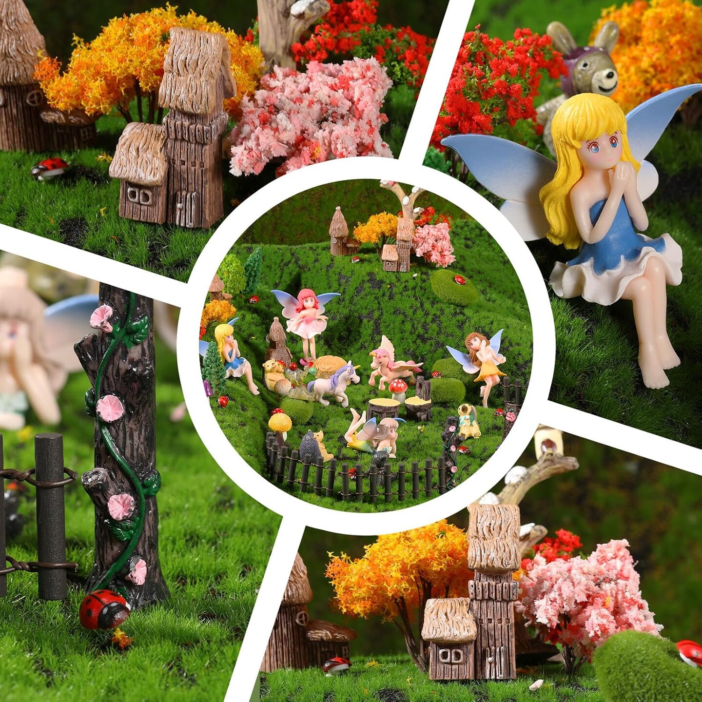 58 Pcs Miniature Garden Set Flower Angel Fairy House Animals Trees Diorama Supplies Fairy Village Mini Terrarium Figurines Micro Landscape Ornaments