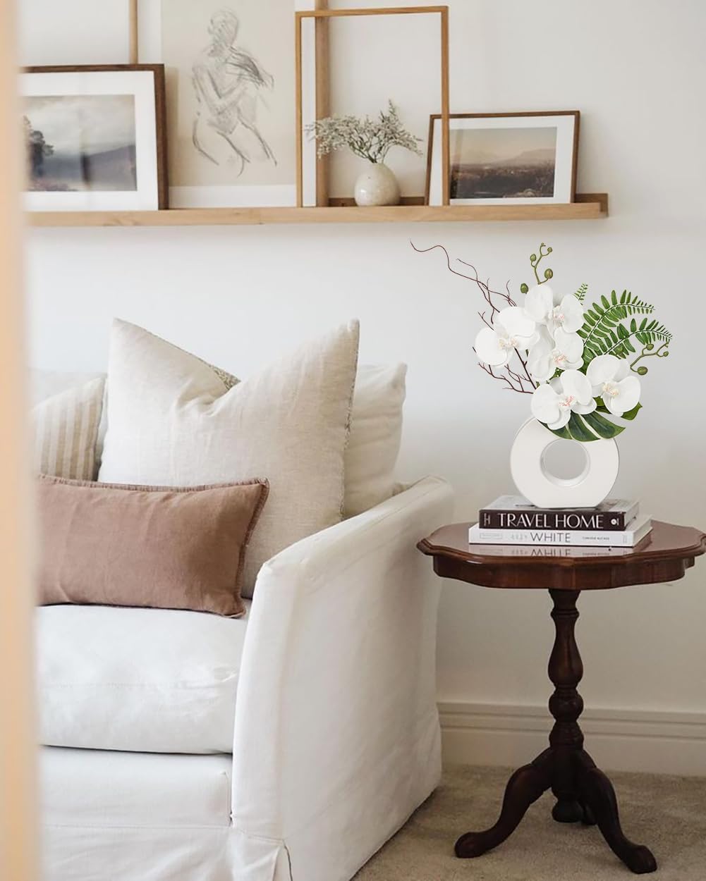 Orchid Artificial Flowers 16.1'' White Orchid Silk Flowers with Ceramic Vase Faux Orchid Arrangement for Home Office Table Centerpiece Indoor Decoration