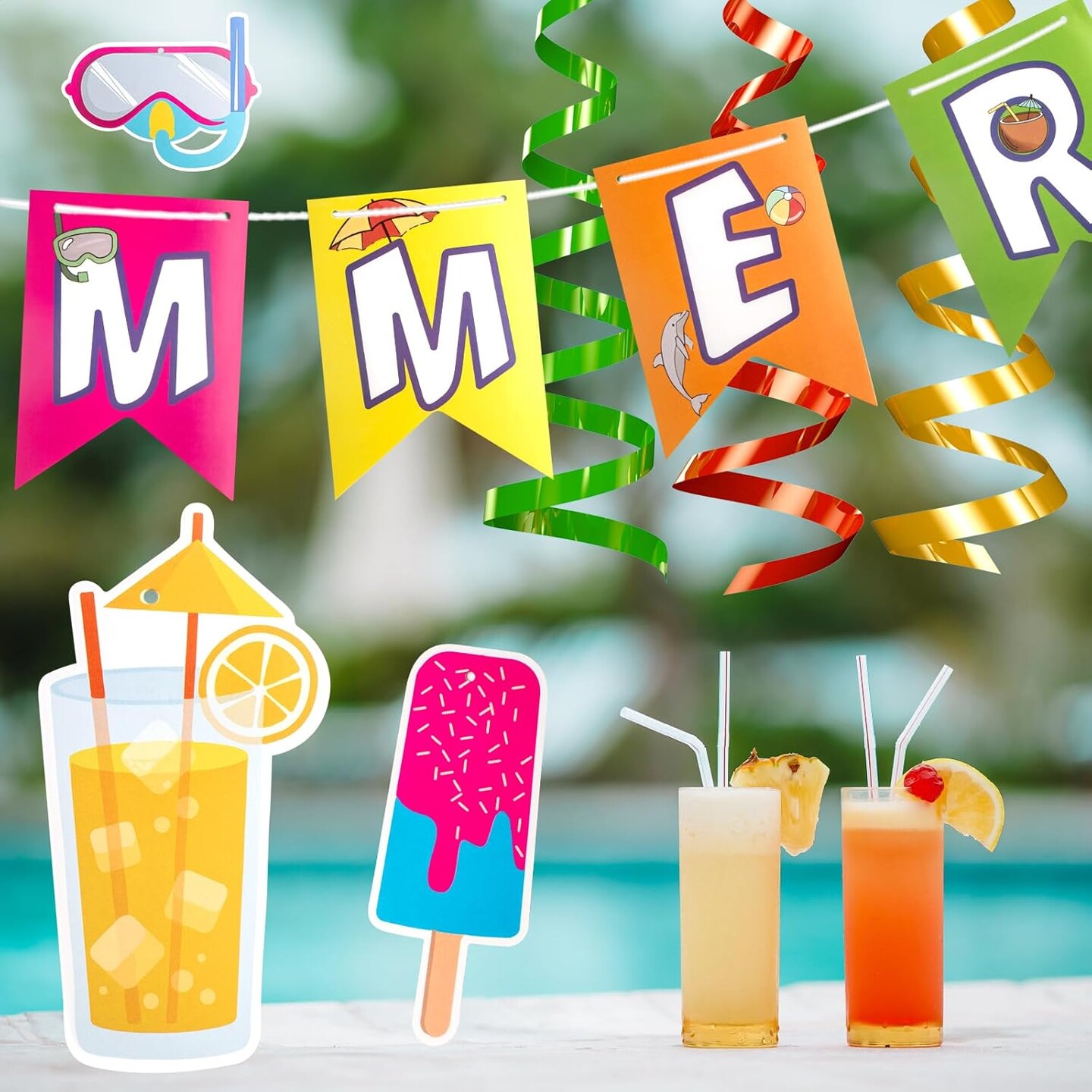 65PCS Summer Party Decorations – Beach & Pool Party Supplies, Hello Summer Banner, Hanging Swirls, Streamers, Tropical Theme Decor for Home, Office, Kids, Classroom