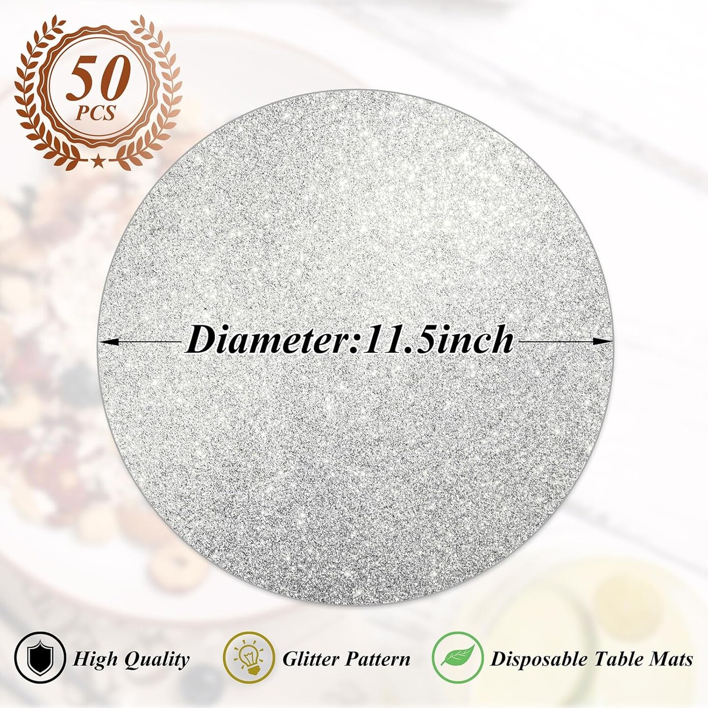 50 Pieces Silver Glitter Paper Place Mats Sparkle Round Disposable Table Mats Silver Sequin Doilies Decorative Placemats for Wedding Banquet Party Home Dining Tableware