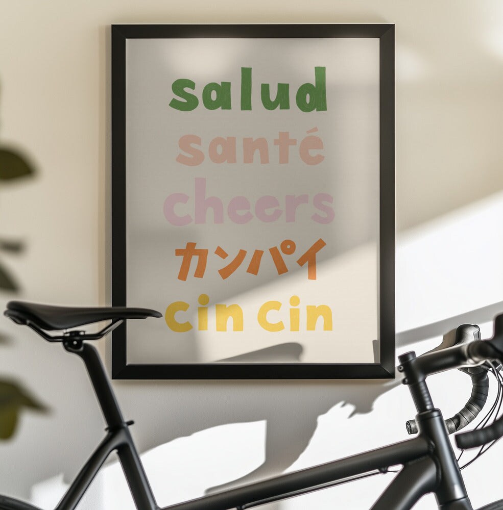 Cheers Typography - Salud Sant&#xE9; Cheers Kanpai Cin cin - Rio Sol&#xE9;y 24x36 Black Framed Art | Home or Office Art