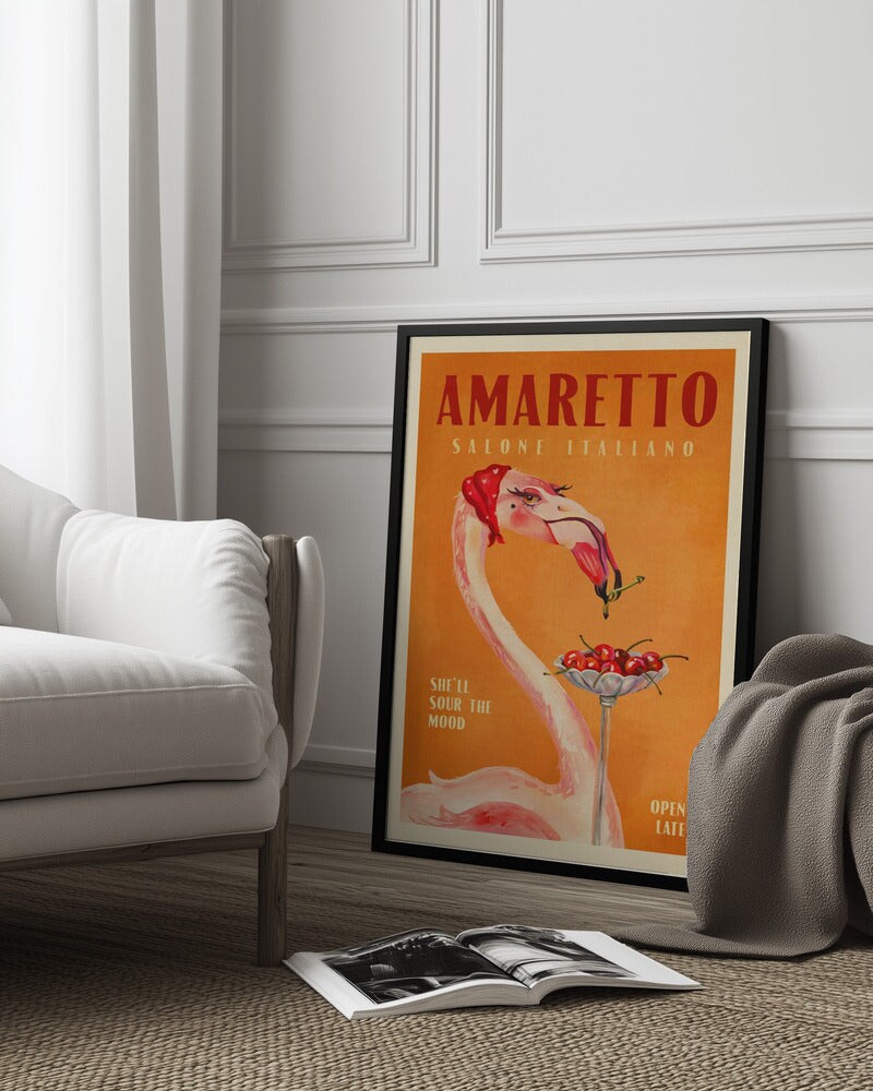 Amaretto Flamingo Art Deco Italian Cafe Travel Art - The Whiskey Ginger 24x36 Black Framed Art | Home or Office Art