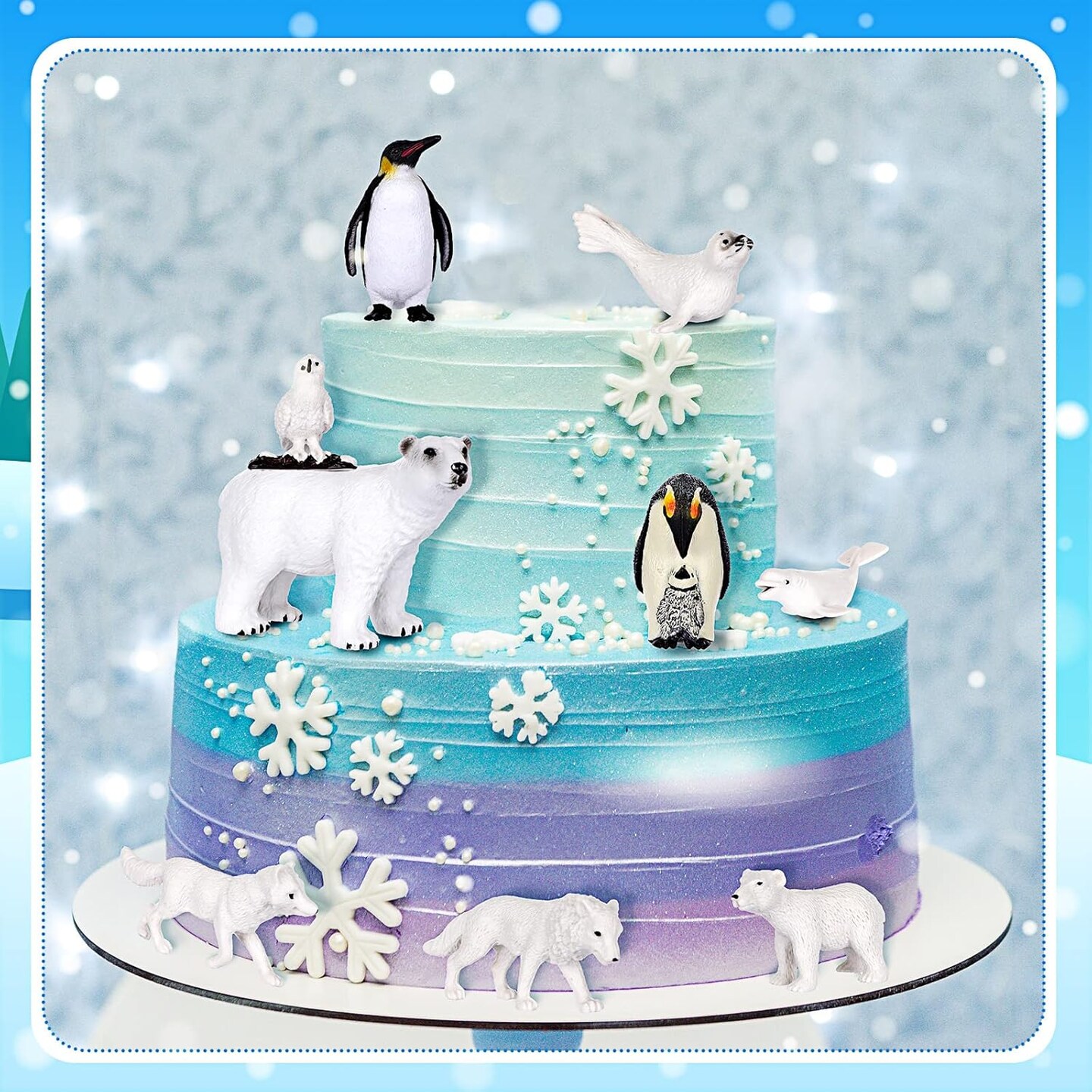 19 Pcs Arctic Animals Figurines Set Includes 9 Polar Animals Figurines 6 Mini Pine Trees 1 Foam Boards 1 Fake Snow Blanket 2 Blue Tissue Paper