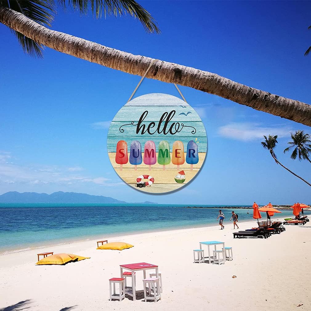 Hello Summer Front Door Sign Hanger(12&#x22;x12&#x22;), Summer Themed Wooden Door Decoration Hanging with Beach Popsicle Ice Cream, Round Welcome Summer Sign Decoration for Home Front Door Outdoor