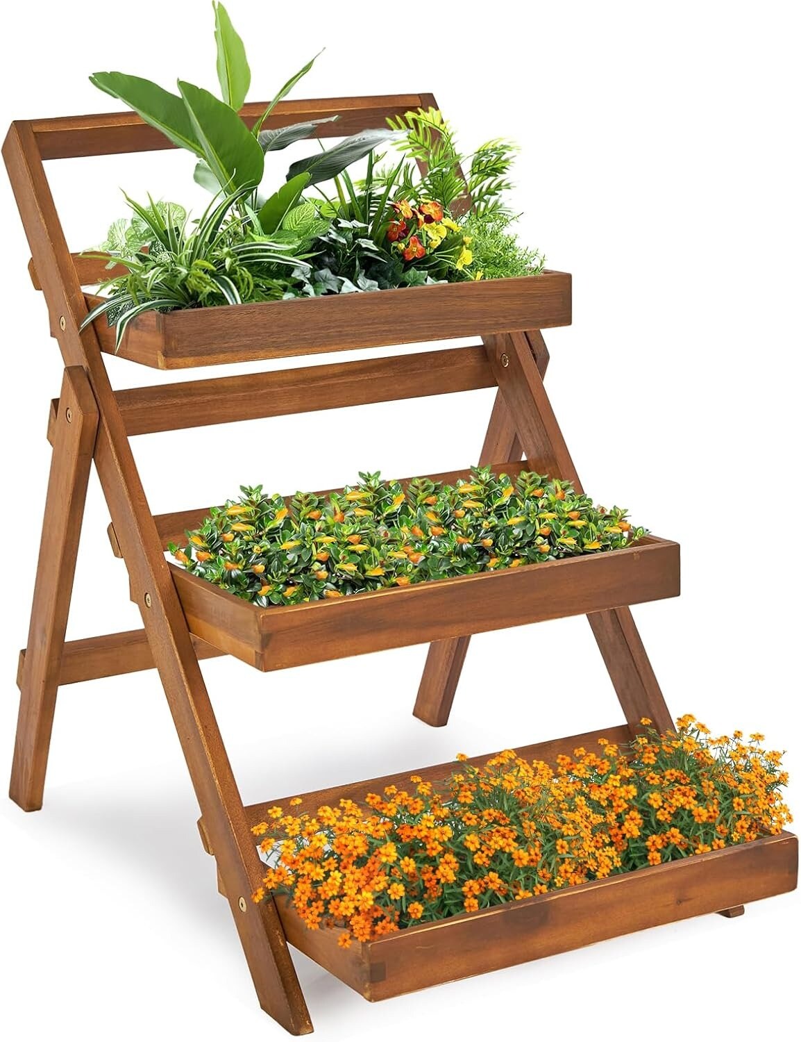 3-Tier Foldable Acacia Wood Plant Stand Display Rack