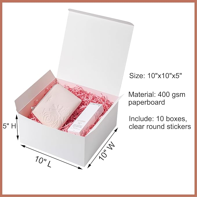 Gift Boxes with Lids 10x10x5 Inches 10 Pack Bridesmaid Proposal White Cardboard Gift Box for Presents, Christmas, Wedding, Graduation, Holiday, Birthday Craft Present Packaging