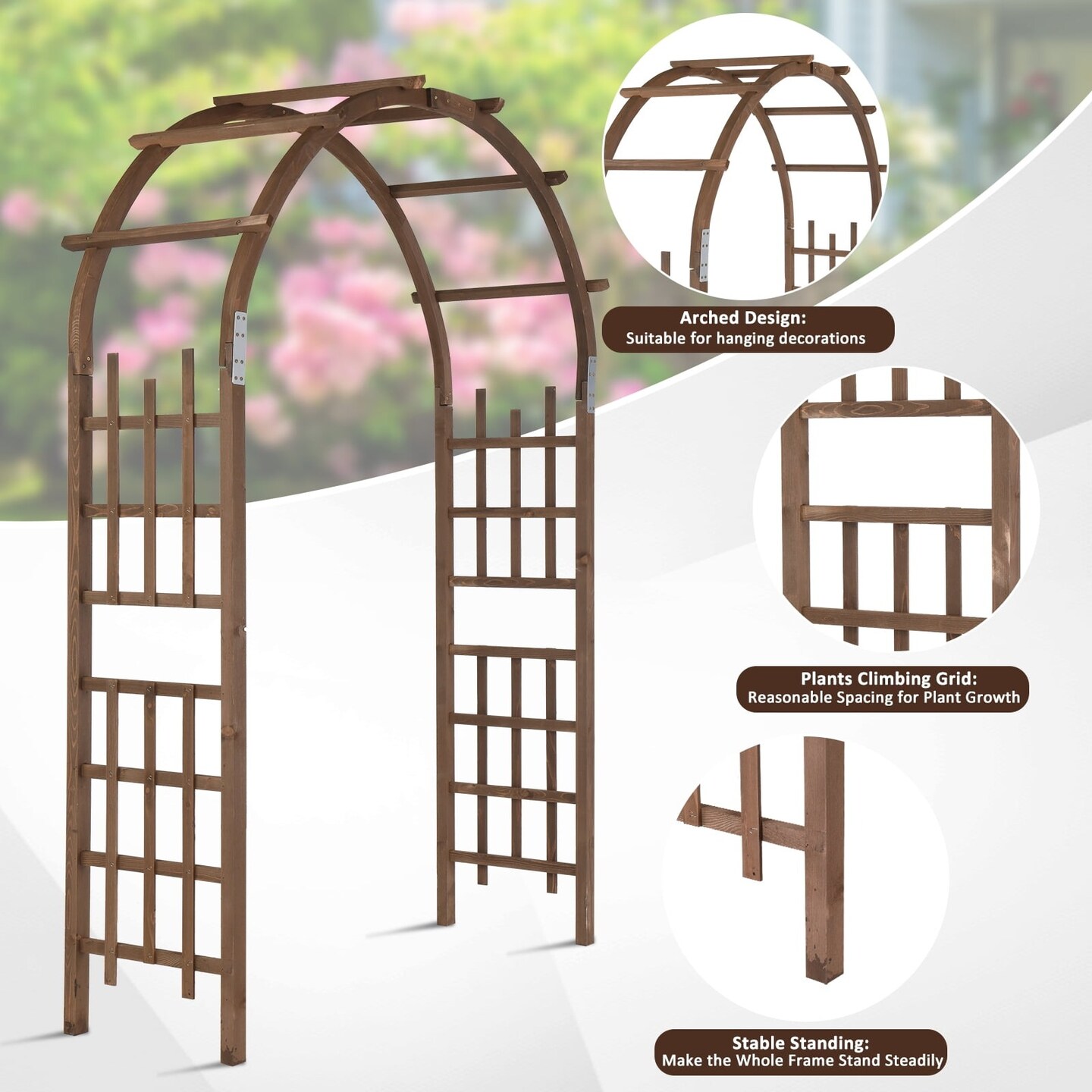 7FT Wooden Garden Arbor Arch &#x26; Pergola with Trellis