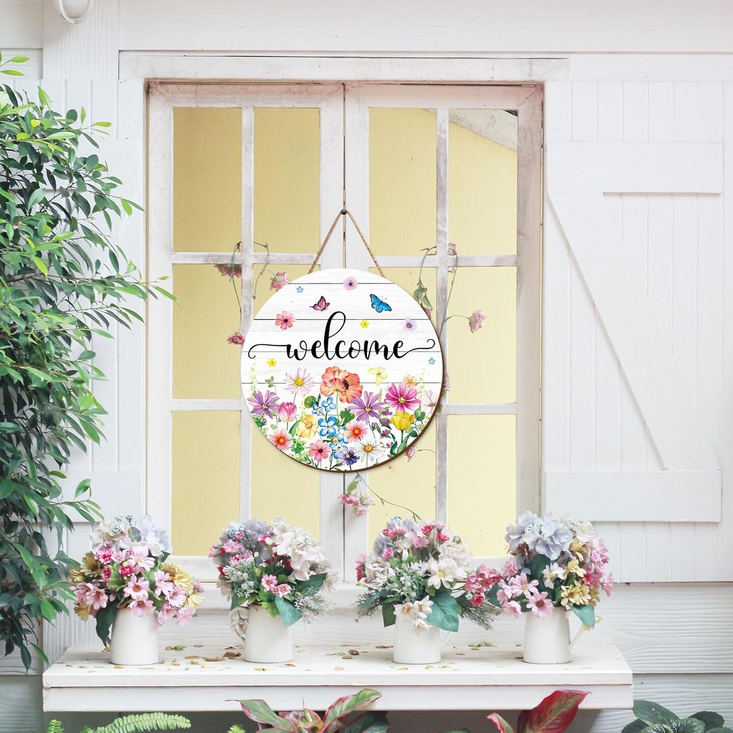 Spring Flower Welcome Door Sign Wildflower Wooden Hanging Sign Floral Butterfly Door Hanger Sign for Spring Indoor Outdoor Farmhouse Home Porch Window Decor