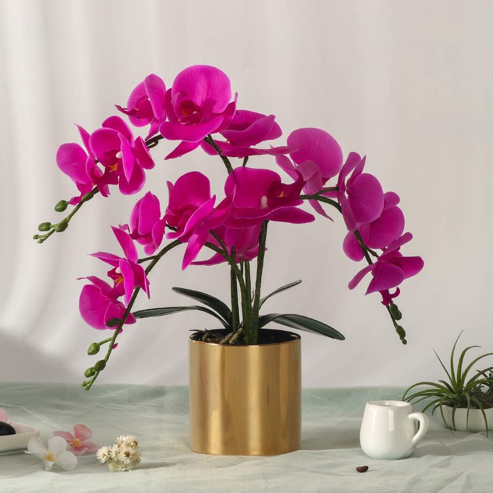 Artificial Orchid Flower with Vase, White Orchid Bonsai Faux Orchid Phalaenopsis Plant Pot Arrangements for Home Decoration (Purple,Gold Vase)
