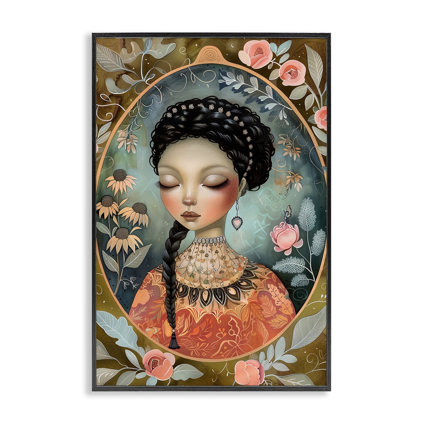Stupell Industries Floral Edged Portrait of Woman Framed Giclee Design by The Dutch Lady