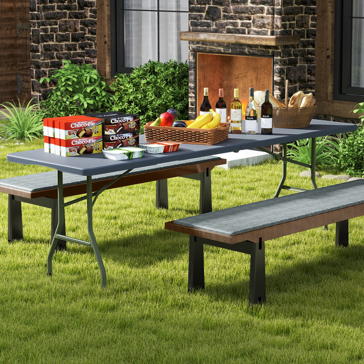 8 Feet Patio Portable Fold-in-Half Table with Robust Metal Legs and Joint Safety Lock